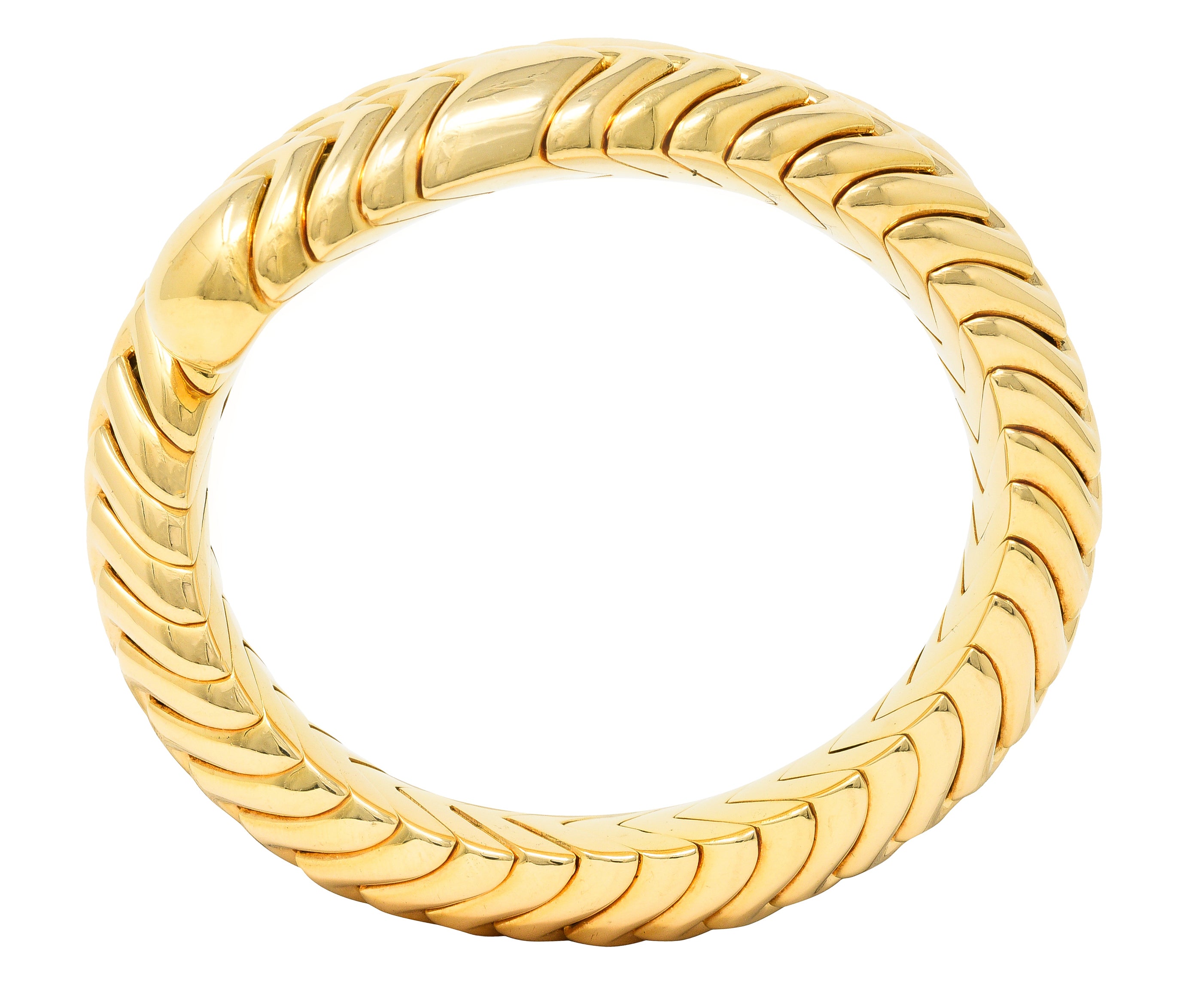 Bulgari 1990's 18 Karat Yellow Gold Chevron Spiga Wrap Vintage Bangle Bracelet Wilson's Estate Jewelry