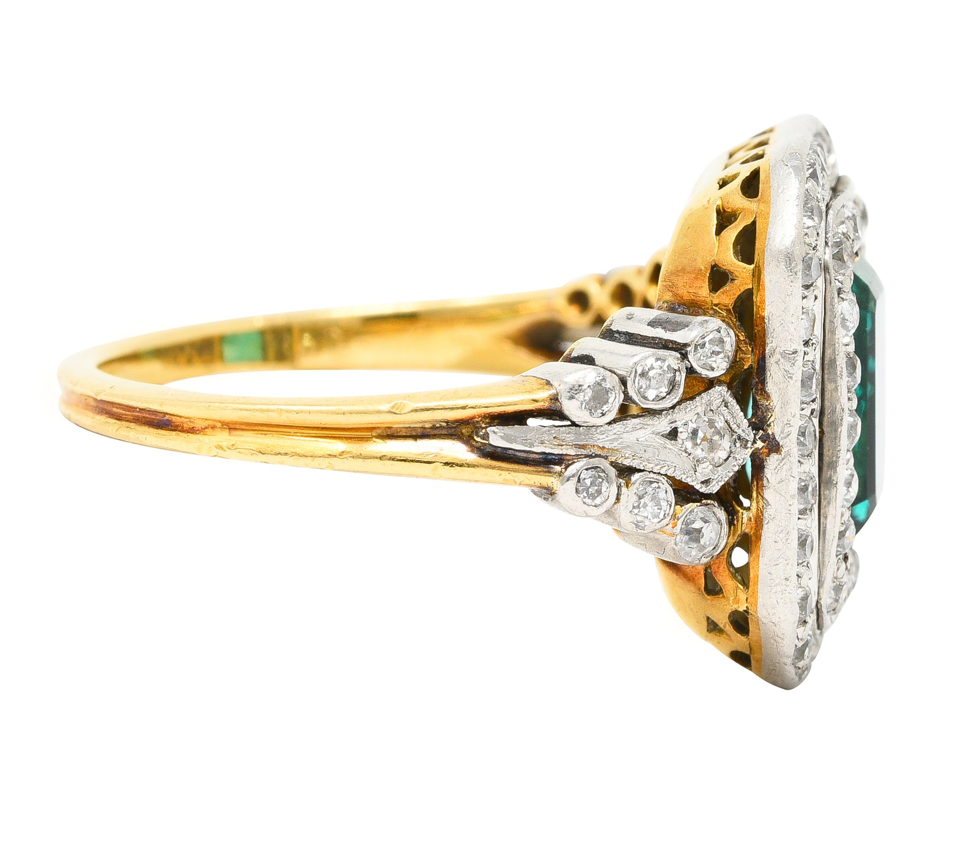 Tiffany & Co. Edwardian 2.12 CTW Colombian Emerald Diamond Platinum-Topped 18 Karat Yellow Gold Antique Double Halo Ring AGL Wilson's Estate Jewelry