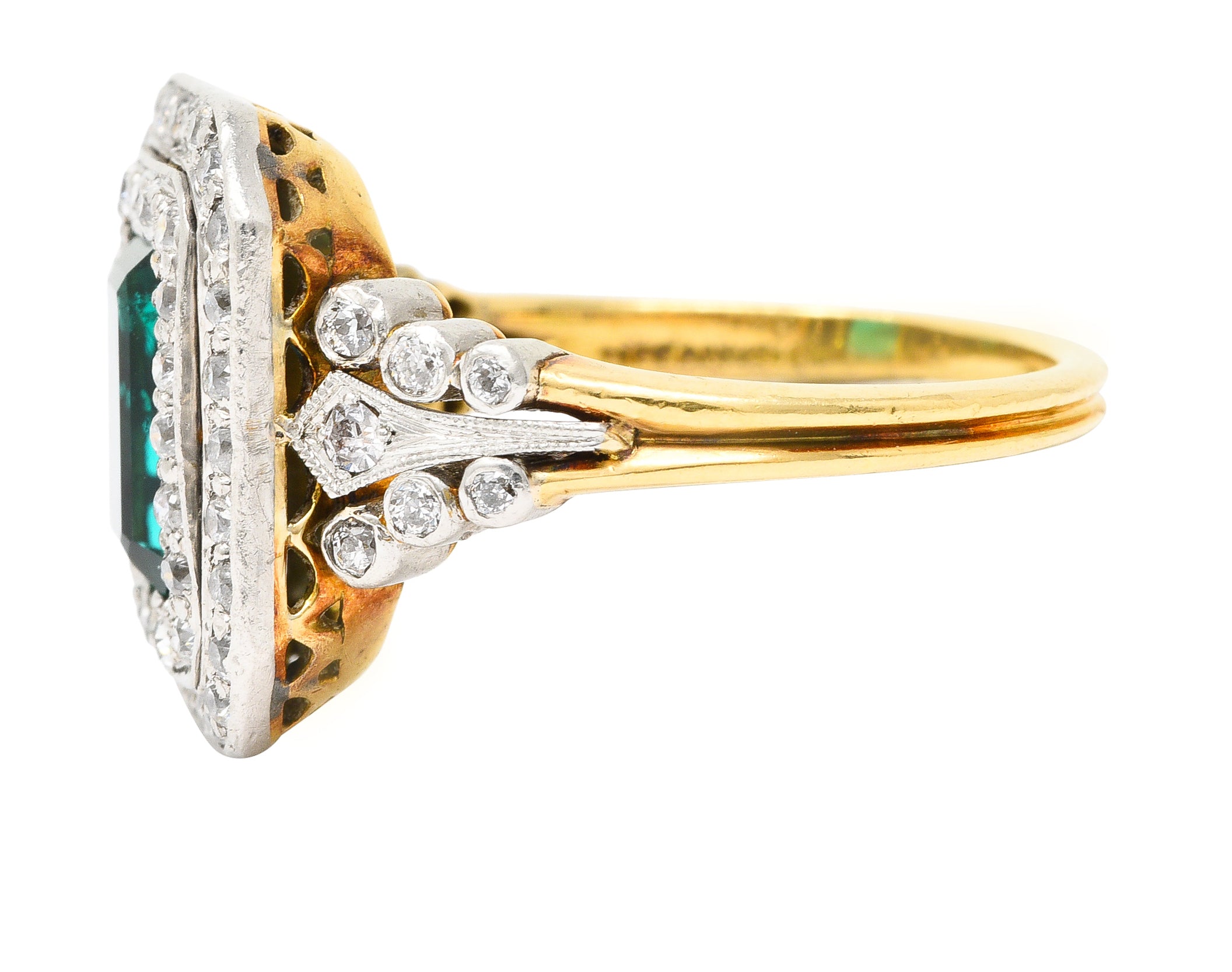 Tiffany & Co. Edwardian 2.12 CTW Colombian Emerald Diamond Platinum-Topped 18 Karat Yellow Gold Antique Double Halo Ring AGL Wilson's Estate Jewelry