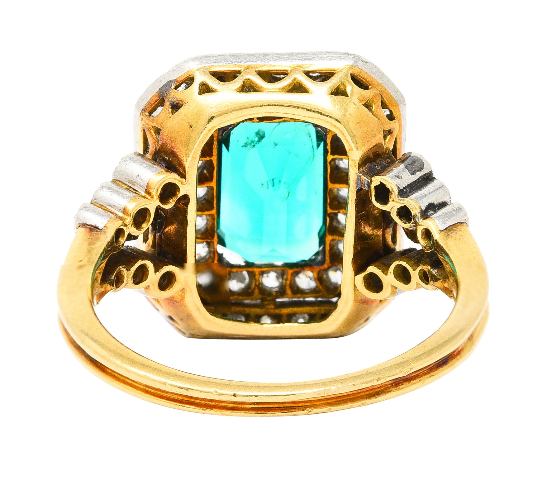 Tiffany & Co. Edwardian 2.12 CTW Colombian Emerald Diamond Platinum-Topped 18 Karat Yellow Gold Antique Double Halo Ring AGL Wilson's Estate Jewelry