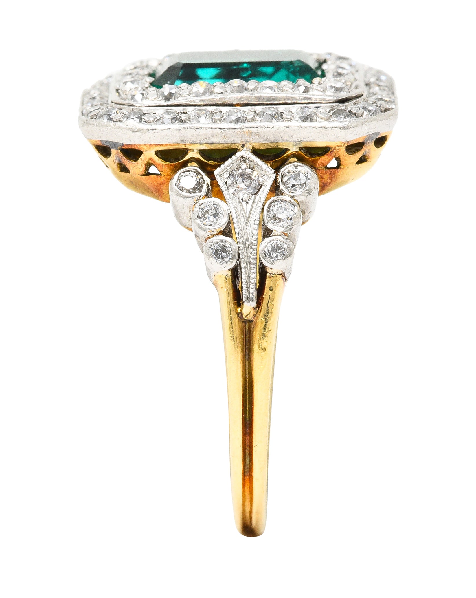 Tiffany & Co. Edwardian 2.12 CTW Colombian Emerald Diamond Platinum-Topped 18 Karat Yellow Gold Antique Double Halo Ring AGL Wilson's Estate Jewelry