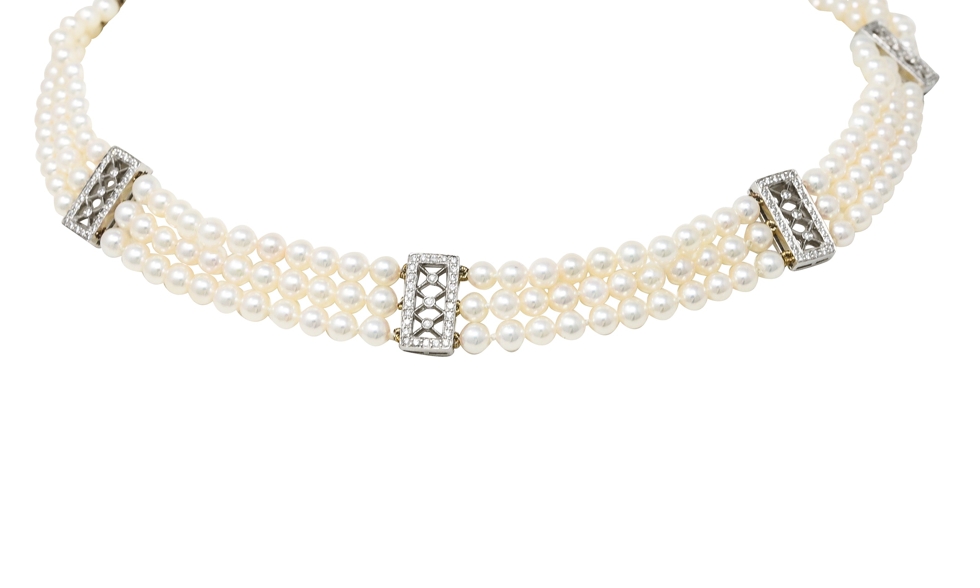 Tiffany & Co. Diamond Pearl Platinum Voile Three Strand Station Collar Necklace Wilson's Estate Jewelry