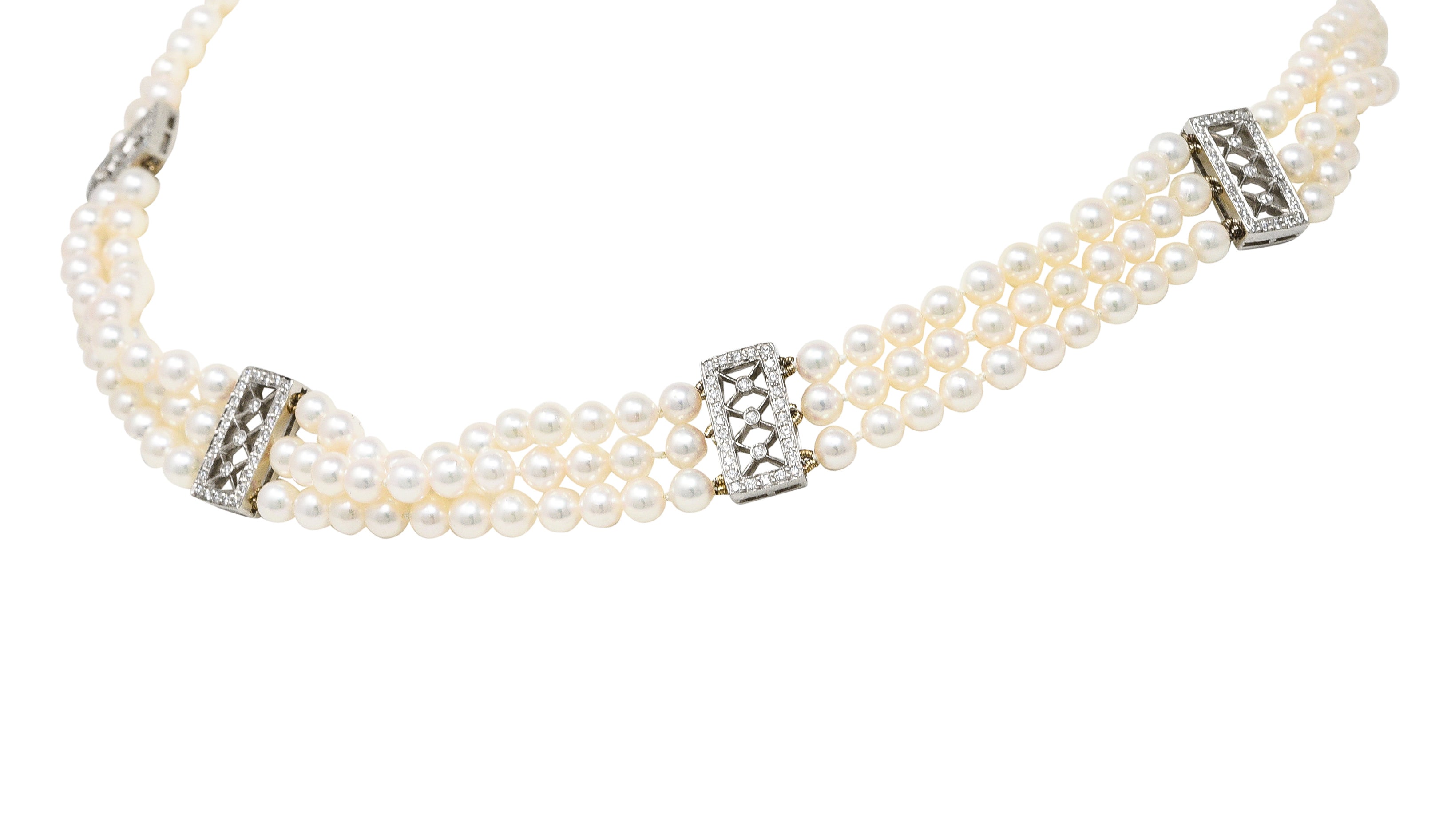 Tiffany & Co. Diamond Pearl Platinum Voile Three Strand Station Collar Necklace Wilson's Estate Jewelry