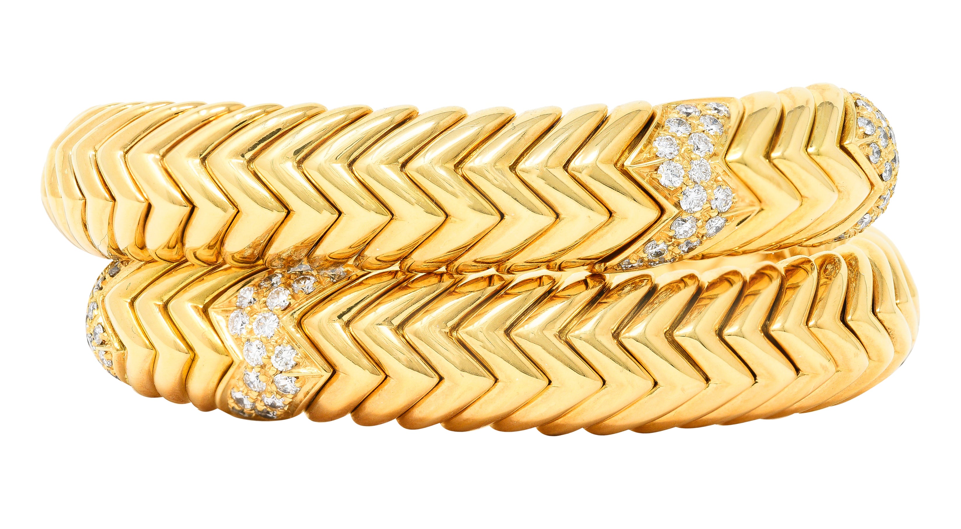 Bulgari 1990's Diamond 18 Karat Yellow Gold Chevron Spiga Wrap Vintage Bangle Bracelet Wilson's Estate Jewelry