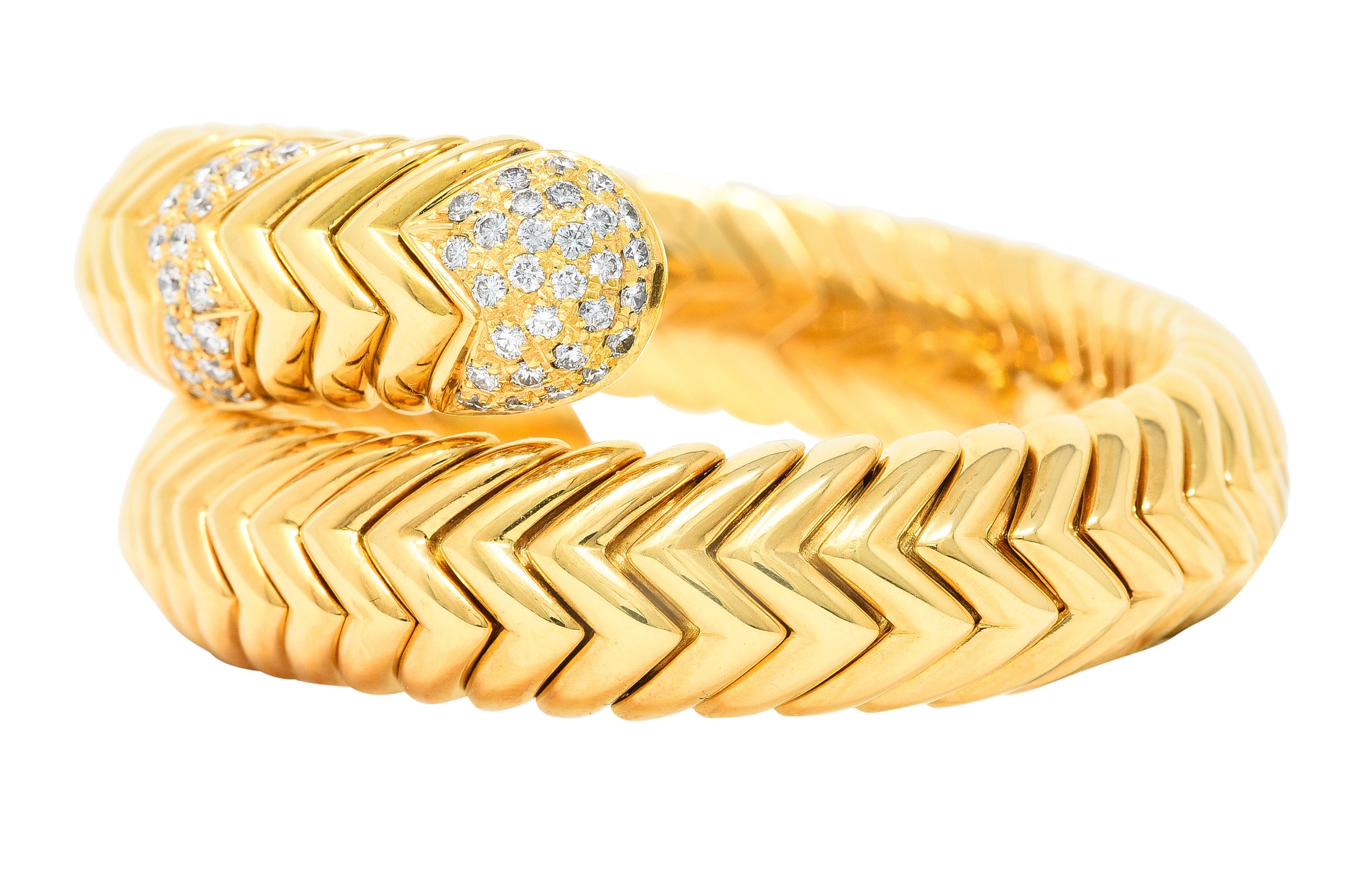 Bulgari 1990's Diamond 18 Karat Yellow Gold Chevron Spiga Wrap Vintage Bangle Bracelet Wilson's Estate Jewelry