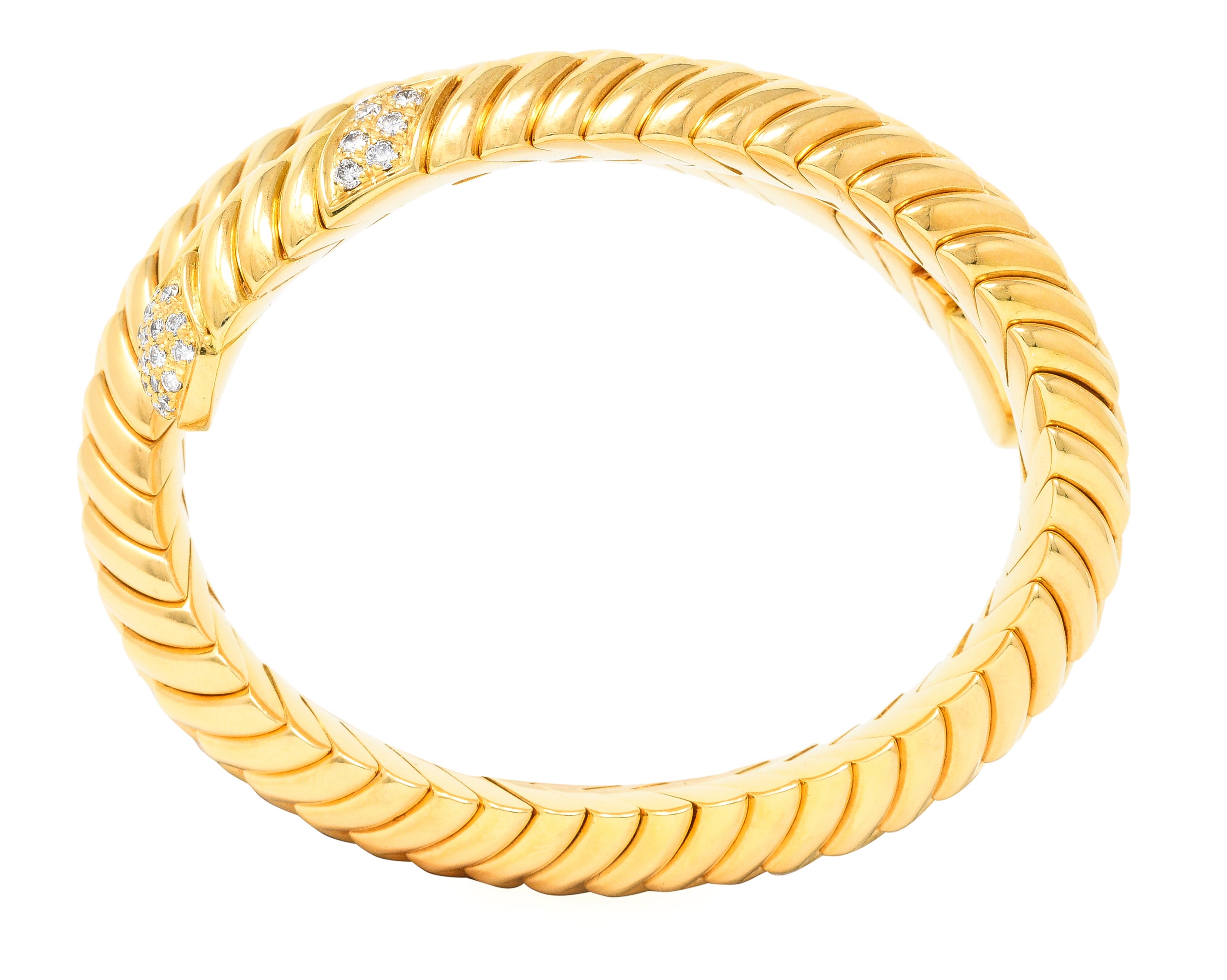 Bulgari 1990's Diamond 18 Karat Yellow Gold Chevron Spiga Wrap Vintage Bangle Bracelet Wilson's Estate Jewelry