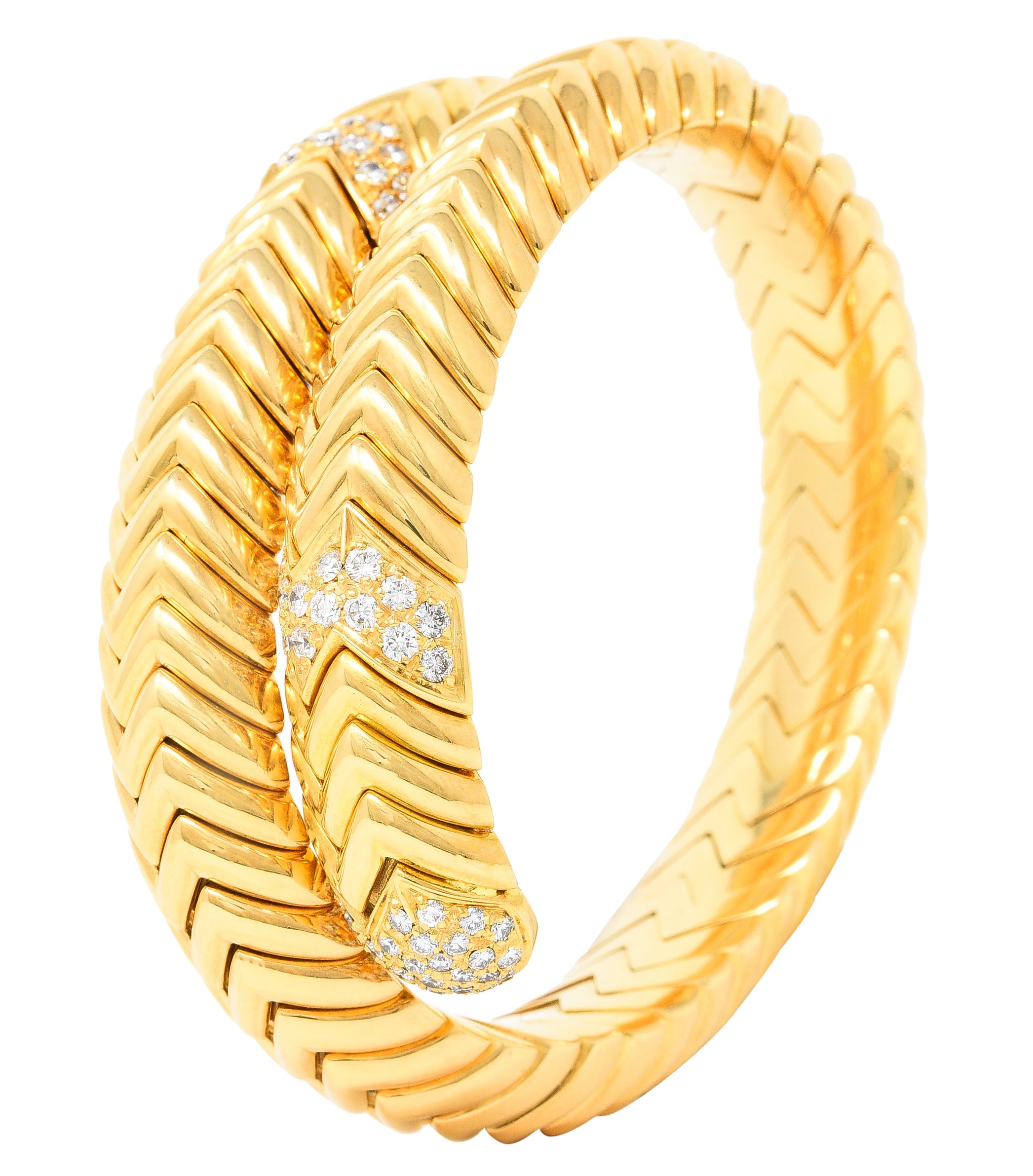 Bulgari 1990's Diamond 18 Karat Yellow Gold Chevron Spiga Wrap Vintage Bangle Bracelet Wilson's Estate Jewelry