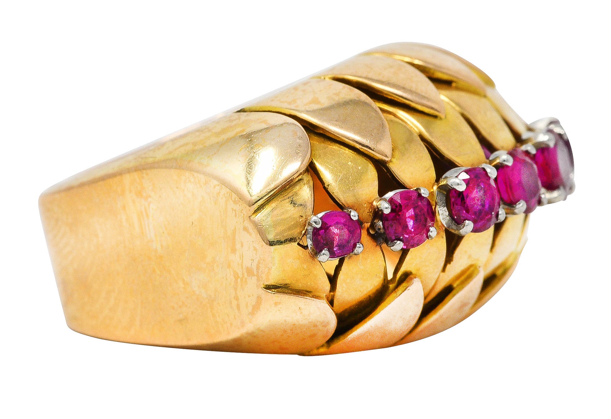 1940's French 1.70 CTW Retro Ruby 14 Karat Two-Tone Gold Platinum Fanned Statement Ring Wilson's Estate Jewelry