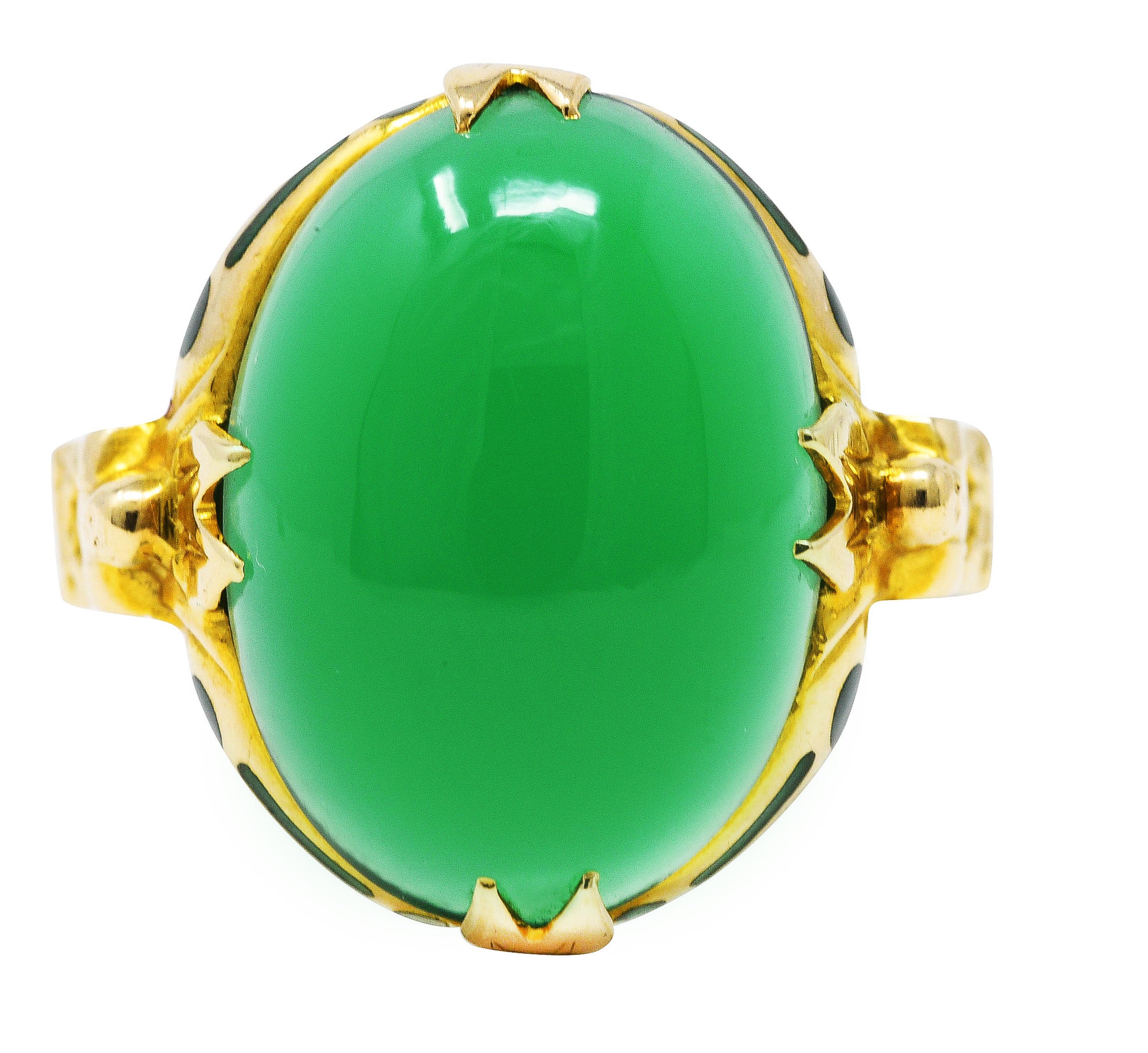 Felger Art Deco Chrysoprase Enamel 14 Karat Yellow Gold Buddha Lotus Ring Wilson's Estate Jewelry