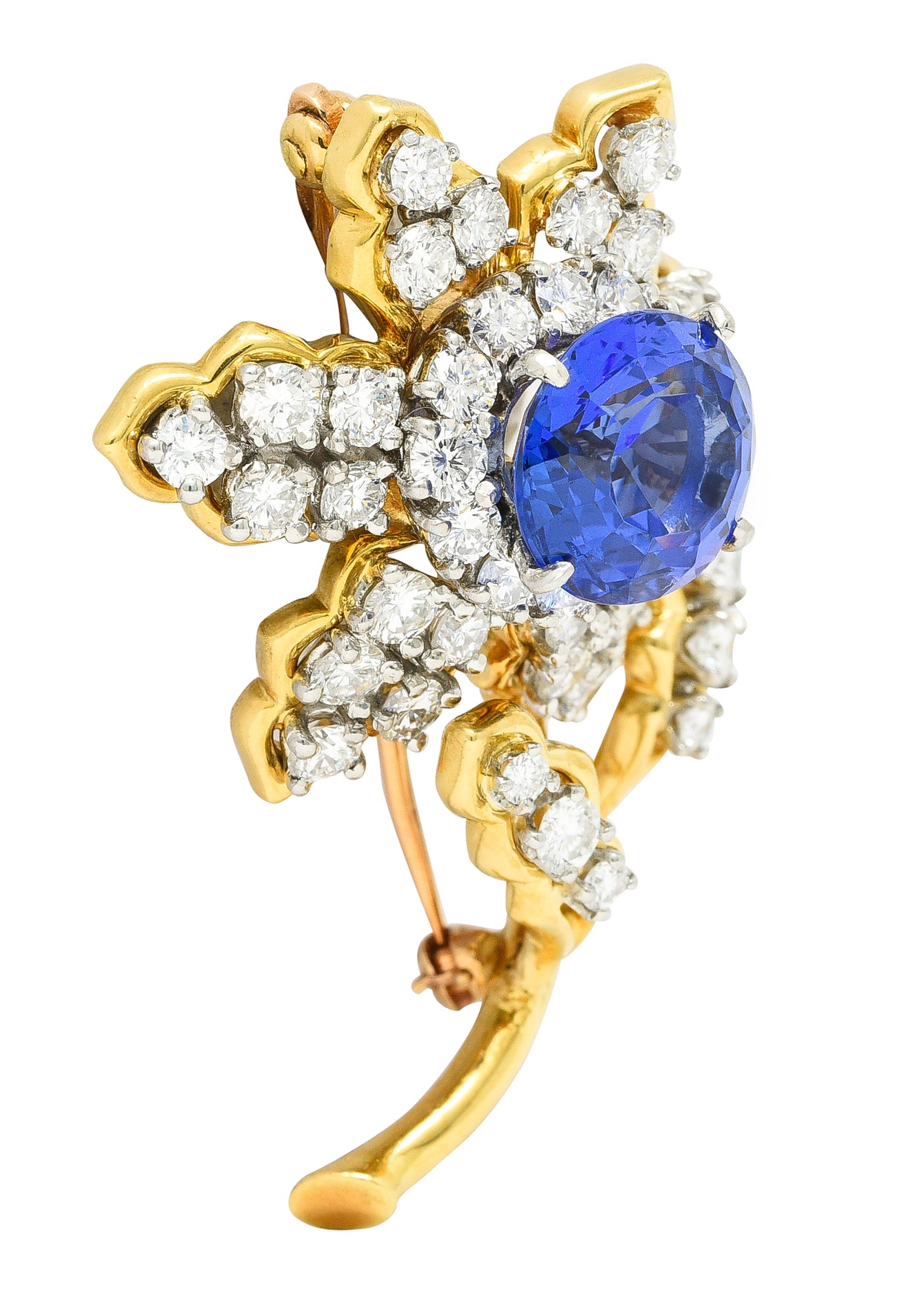 Tiffany & Co. 10.23 CTW Step Cut Tanzanite Transitional Cut Diamonds Platinum 18 Karat Yellow Gold Clematis Flower Vintage Brooch Wilson's Estate Jewelry