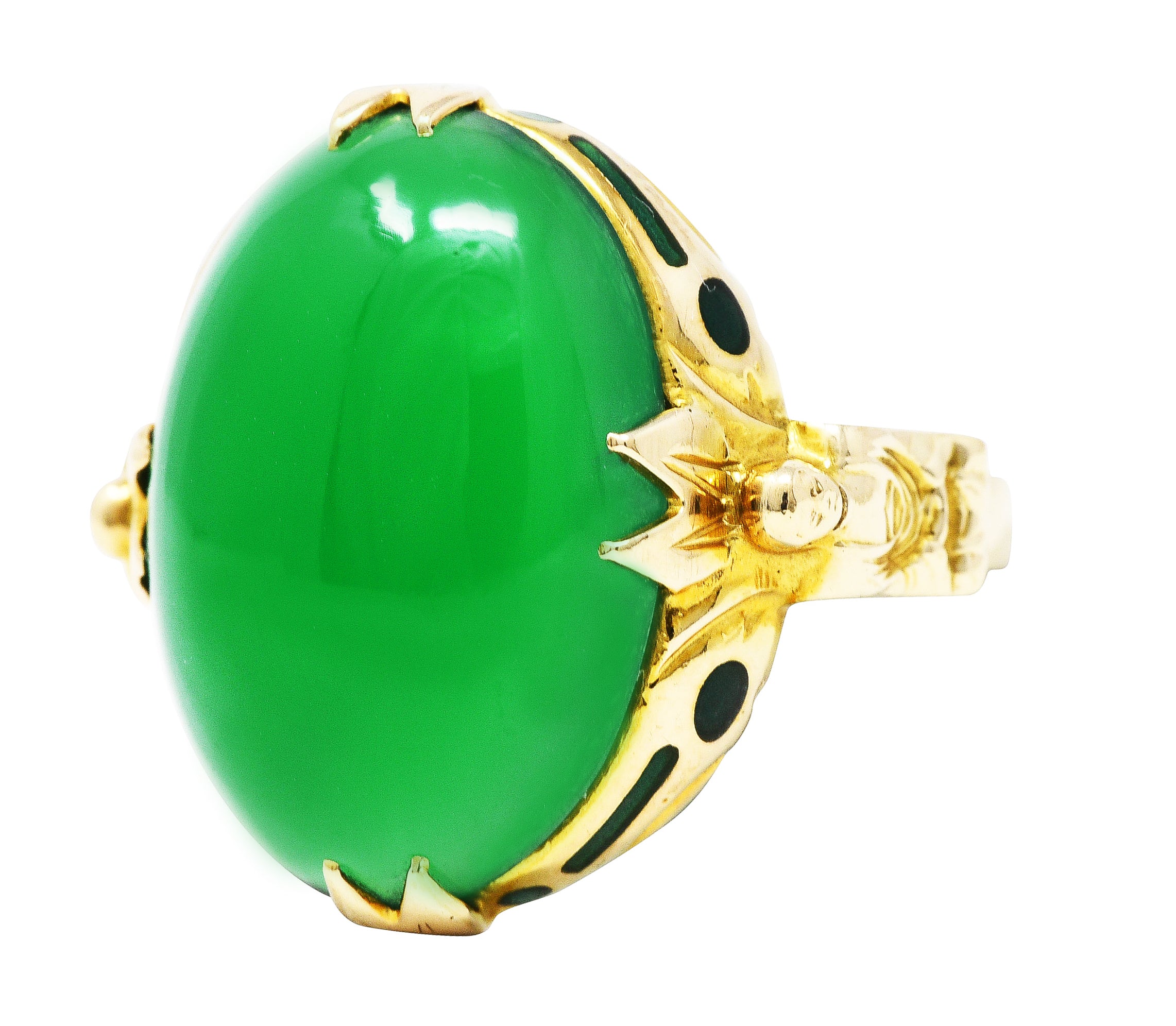 Felger Art Deco Chrysoprase Enamel 14 Karat Yellow Gold Buddha Lotus Ring Wilson's Estate Jewelry