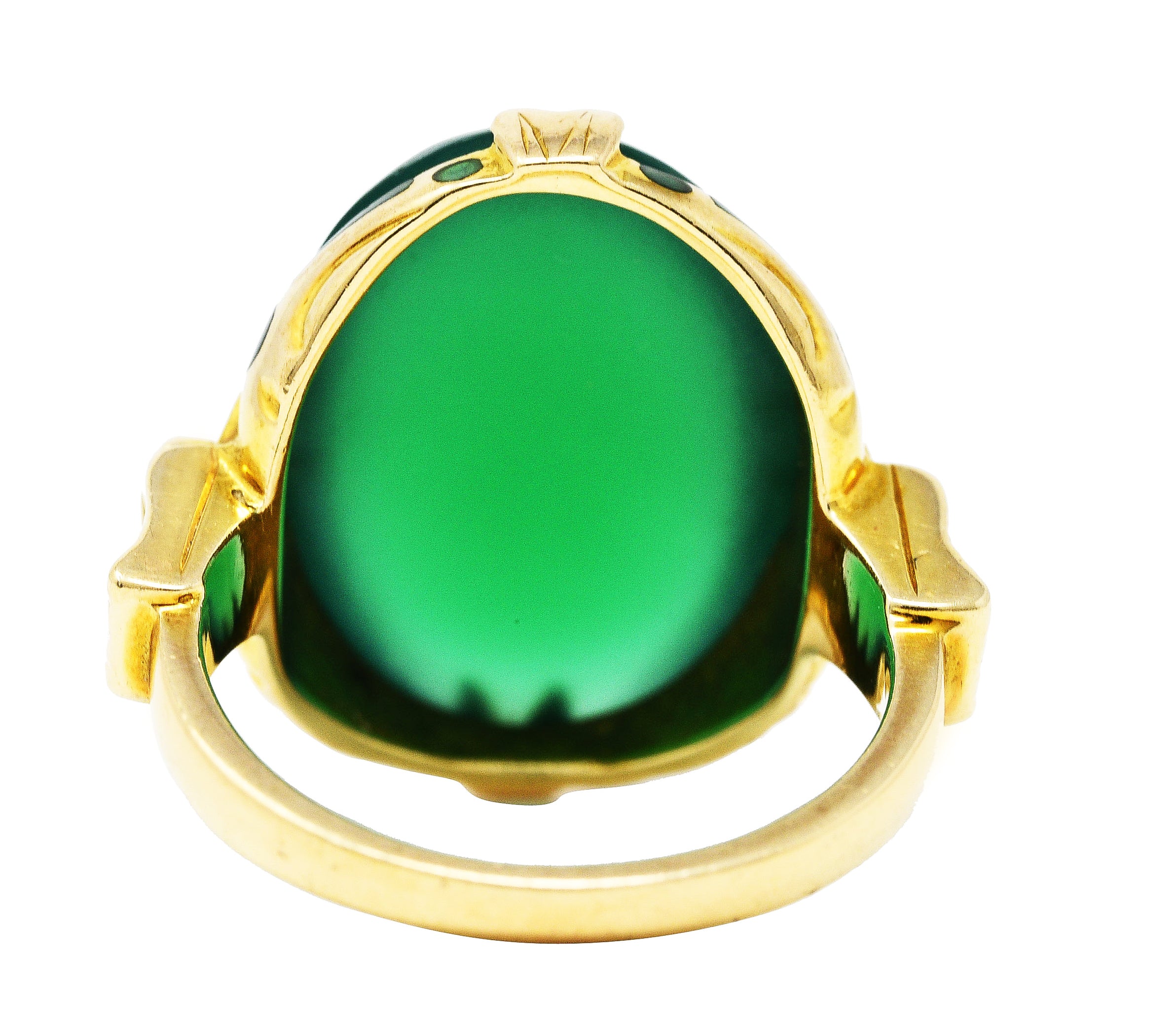 Felger Art Deco Chrysoprase Enamel 14 Karat Yellow Gold Buddha Lotus Ring Wilson's Estate Jewelry