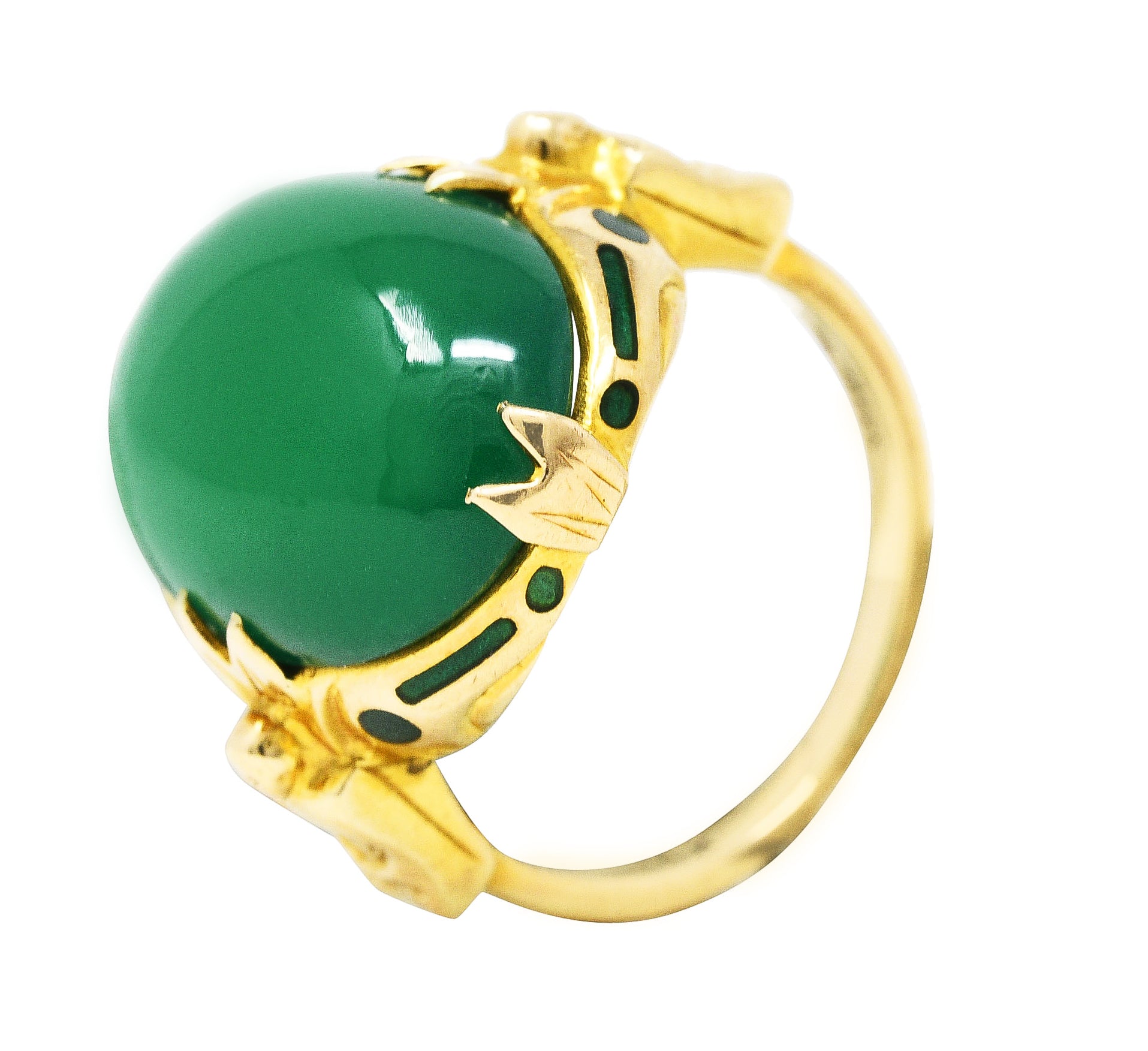 Felger Art Deco Chrysoprase Enamel 14 Karat Yellow Gold Buddha Lotus Ring Wilson's Estate Jewelry