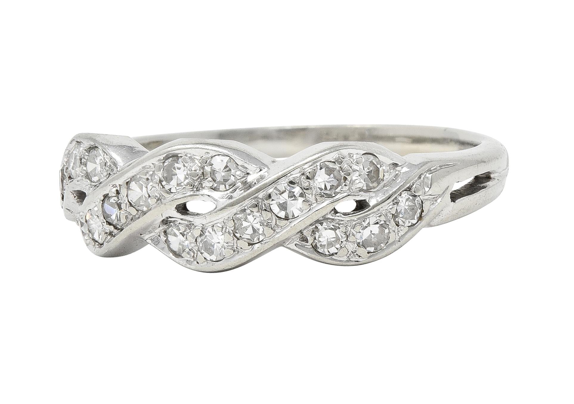 Mid-Century Diamond 14 Karat White Gold Vintage Twist Wedding Band Ring