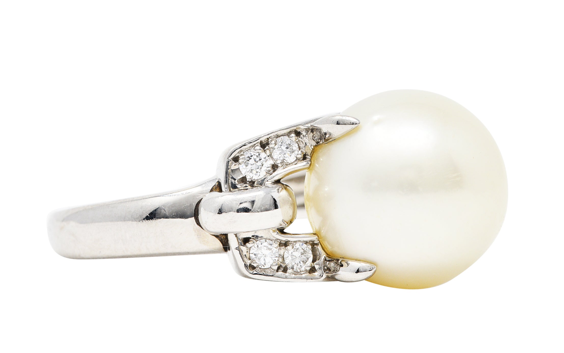 Mid-Century Diamond Pearl Platinum Buckle Cocktail RingRing - Wilson's Estate Jewelry