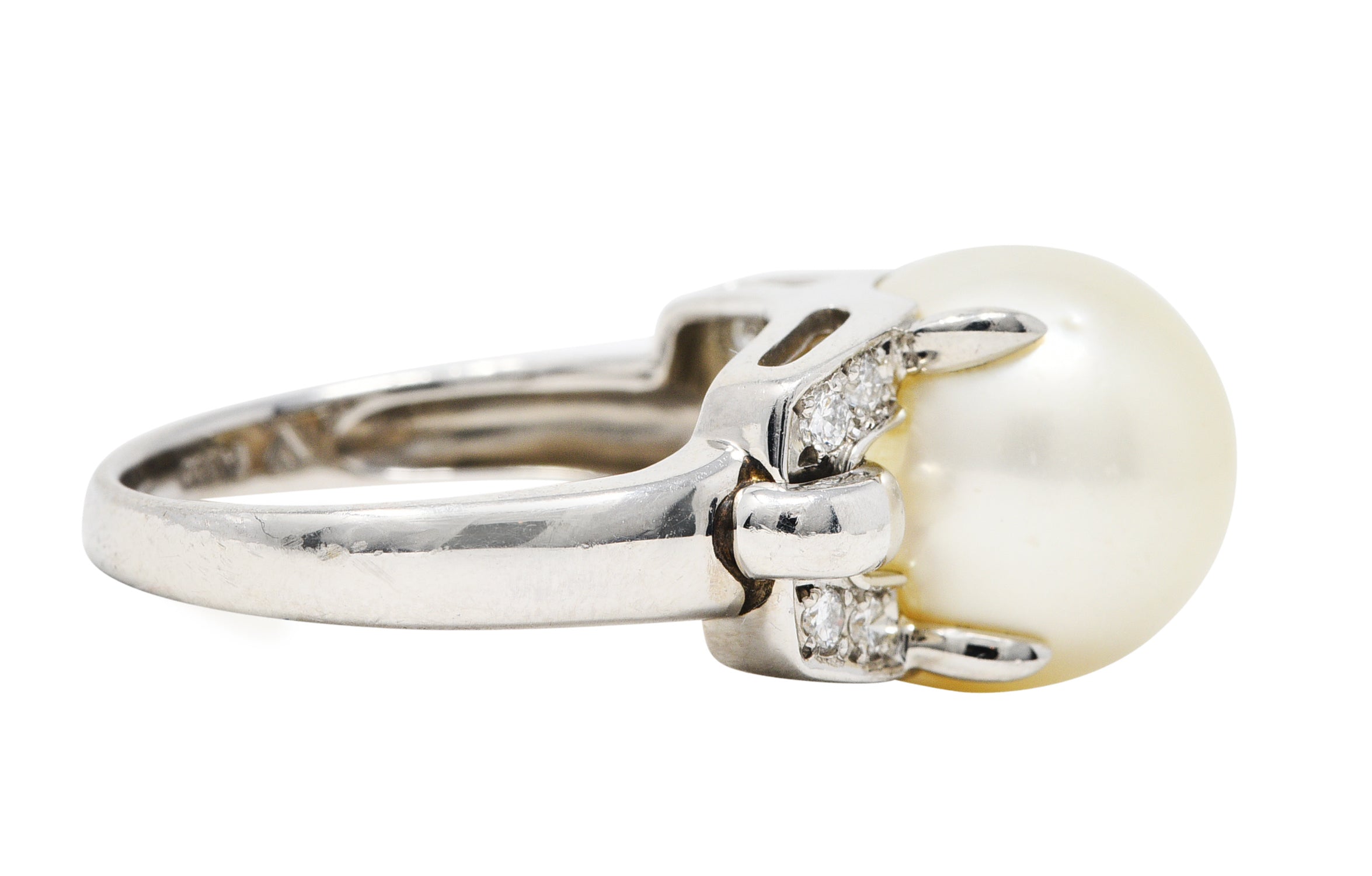 Mid-Century Diamond Pearl Platinum Buckle Cocktail RingRing - Wilson's Estate Jewelry