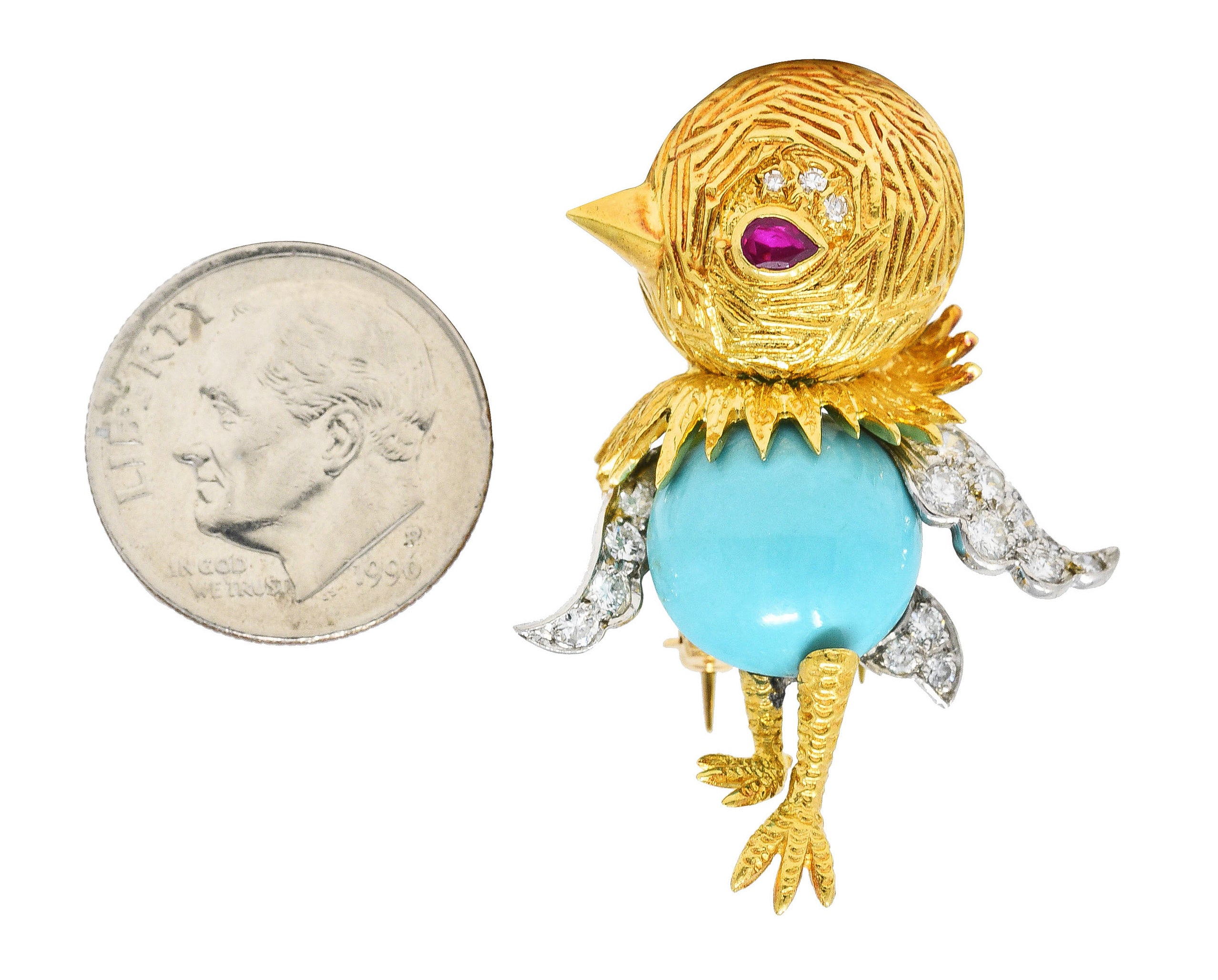 Mid-Century Diamond Ruby Turquoise Platinum 18 Karat Yellow Gold Cartoon Bird Vintage Brooch Wilson's Estate Jewelry