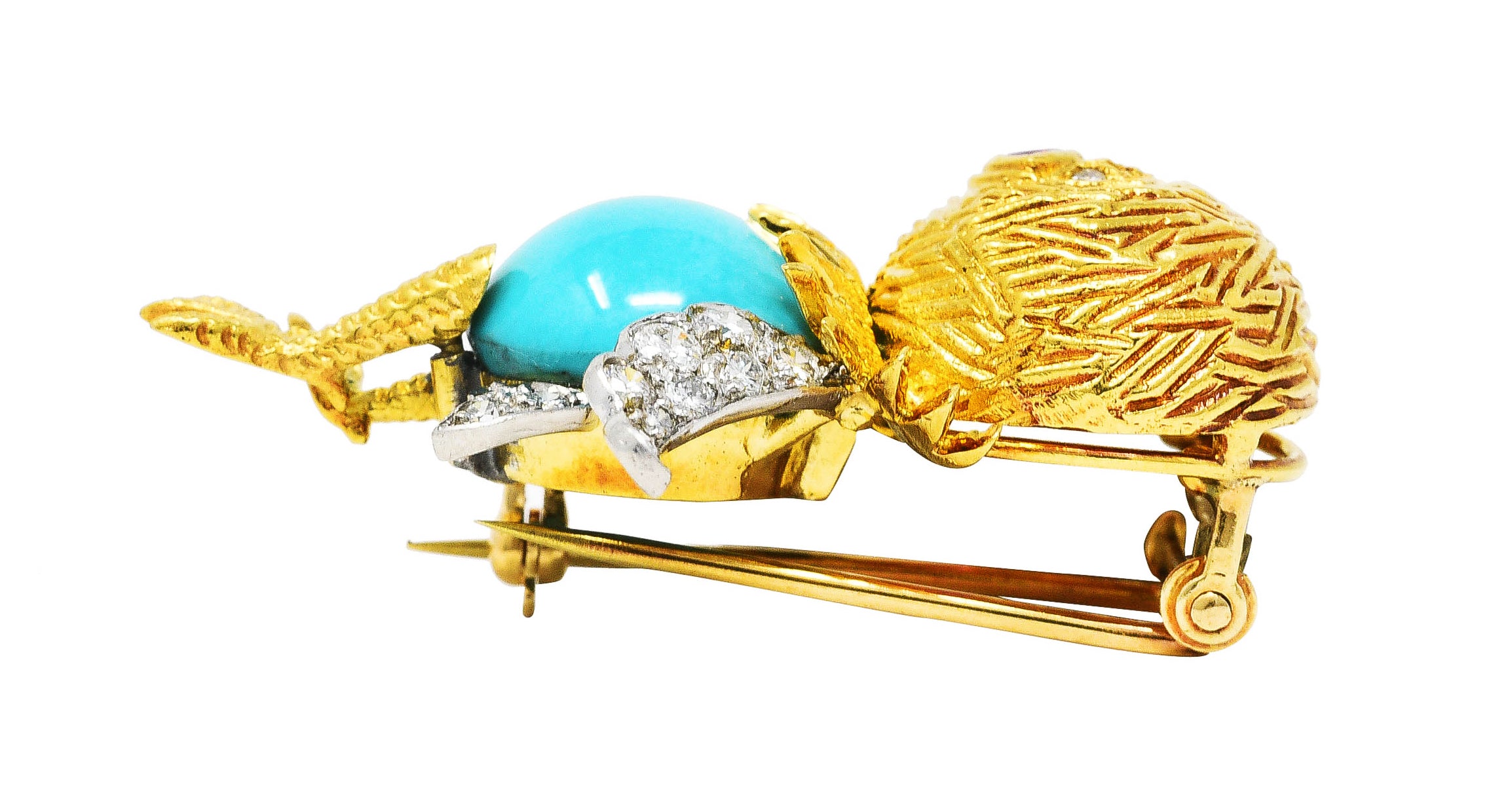 Mid-Century Diamond Ruby Turquoise Platinum 18 Karat Yellow Gold Cartoon Bird Vintage Brooch Wilson's Estate Jewelry