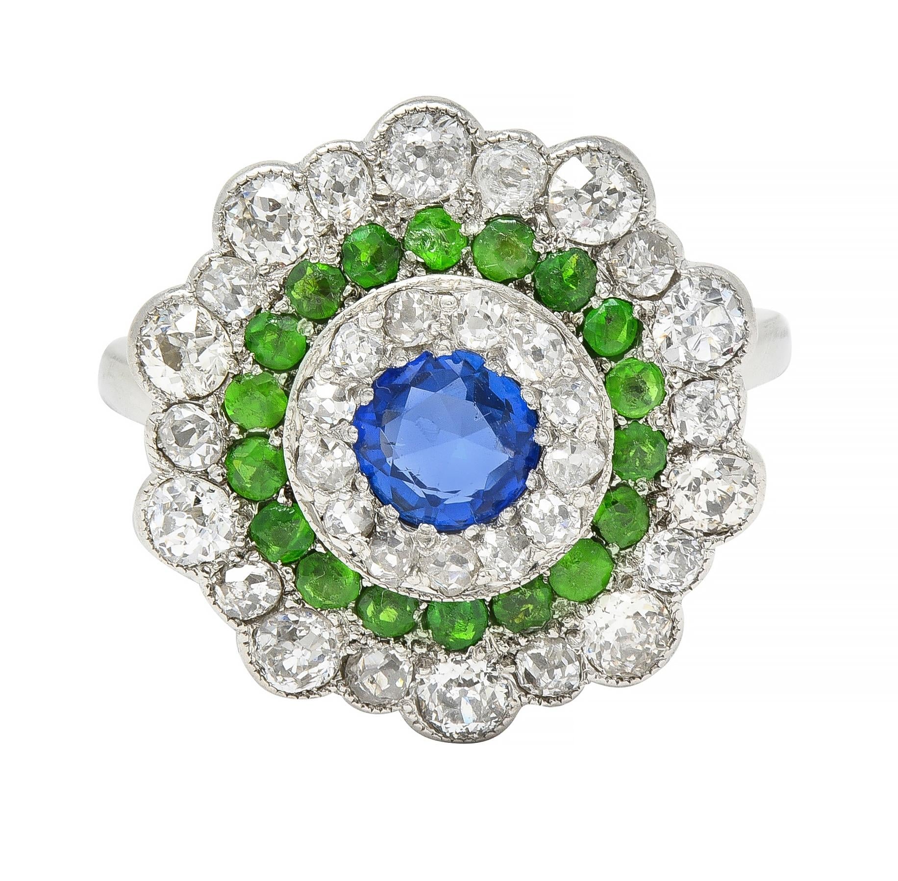 Art Deco 2.15 CTW Sapphire Demantoid Garnet Diamond Platinum Triple Halo Ring