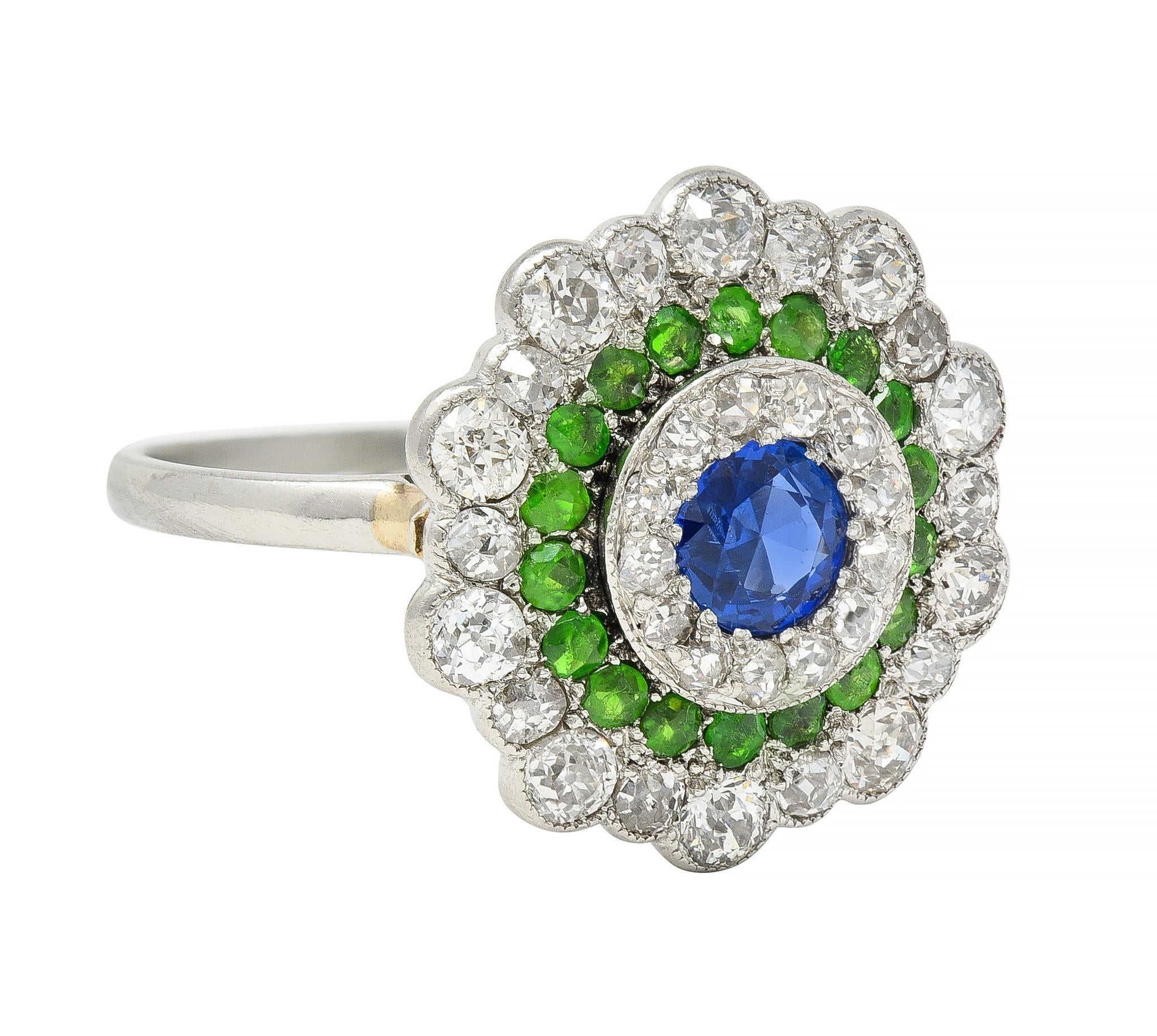 Art Deco 2.15 CTW Sapphire Demantoid Garnet Diamond Platinum Triple Halo Ring