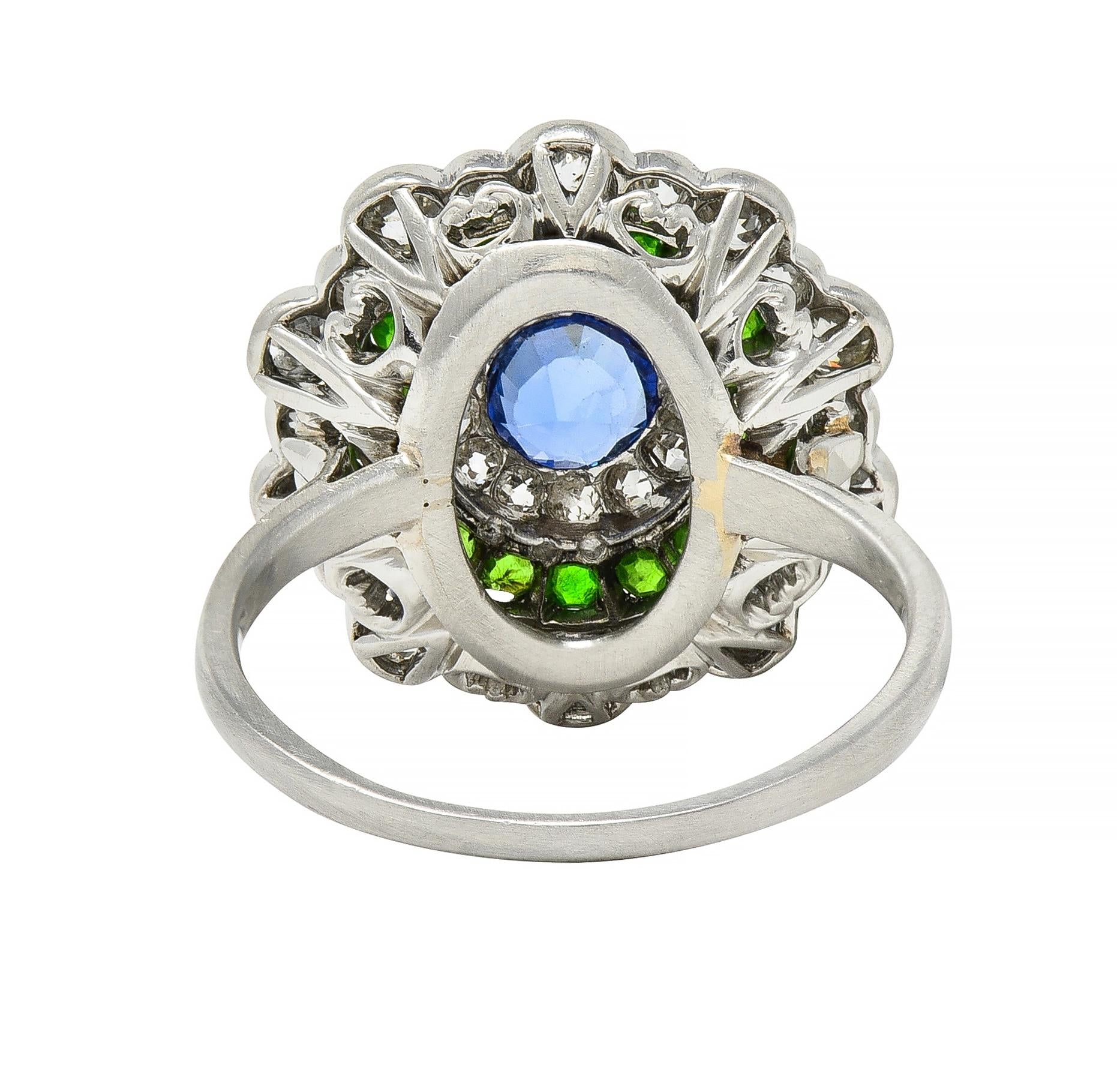 Art Deco 2.15 CTW Sapphire Demantoid Garnet Diamond Platinum Triple Halo Ring