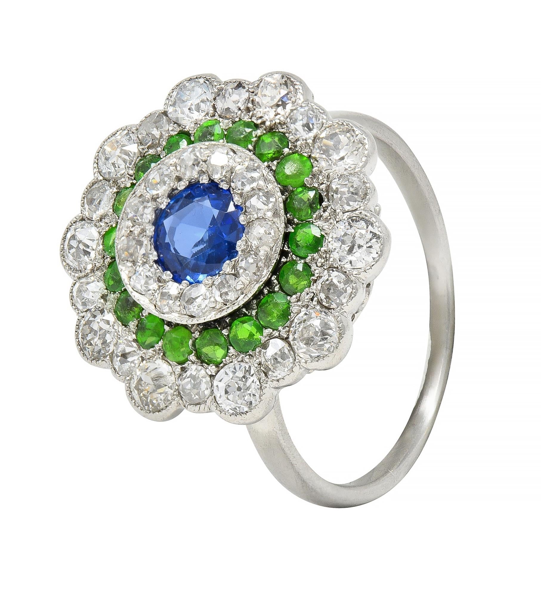 Art Deco 2.15 CTW Sapphire Demantoid Garnet Diamond Platinum Triple Halo Ring