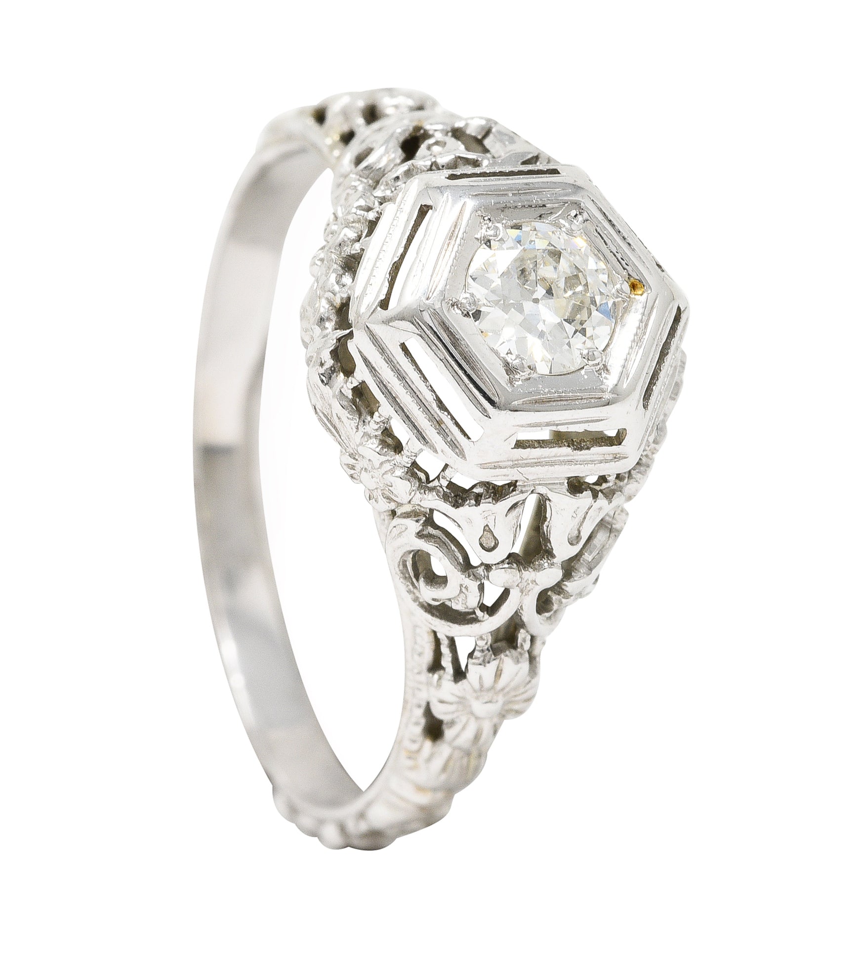 Art Deco 0.25 CTW Old European Cut Diamond 18 Karat White Gold Scrolling Orange Blossom Engagement Ring Wilson's Estate Jewelry