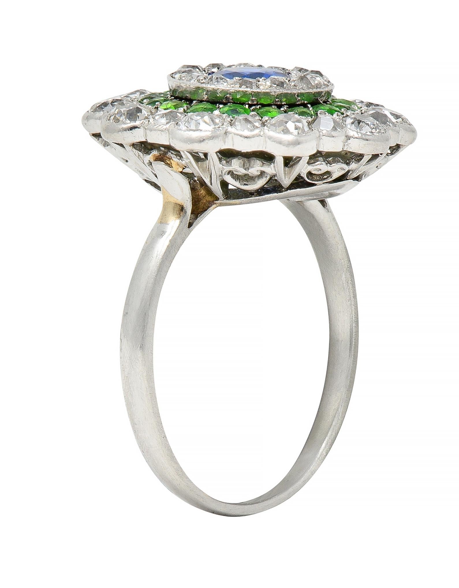 Art Deco 2.15 CTW Sapphire Demantoid Garnet Diamond Platinum Triple Halo Ring