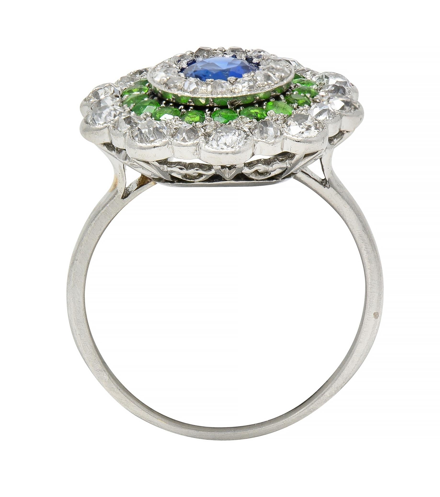 Art Deco 2.15 CTW Sapphire Demantoid Garnet Diamond Platinum Triple Halo Ring