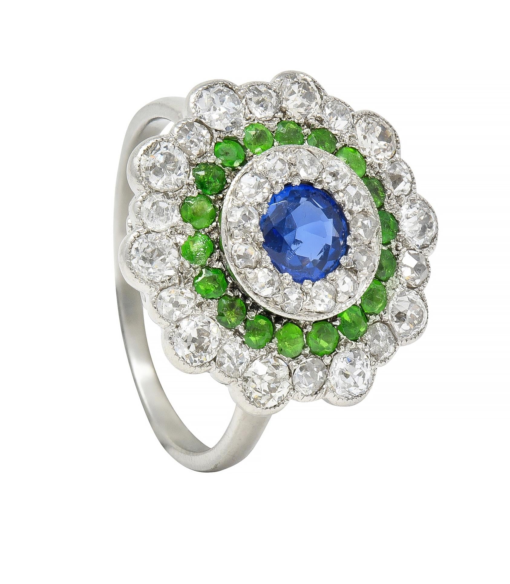 Art Deco 2.15 CTW Sapphire Demantoid Garnet Diamond Platinum Triple Halo Ring