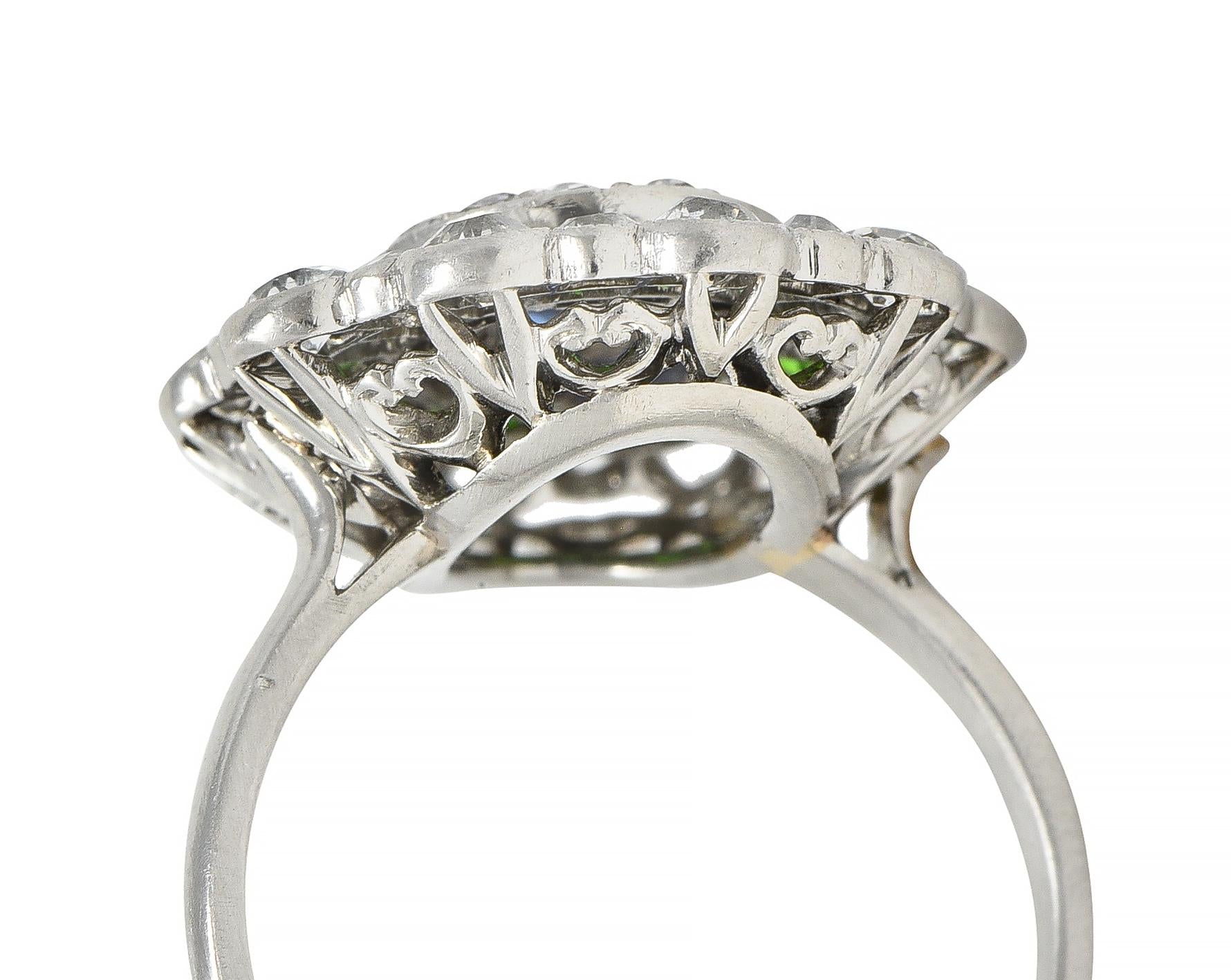 Art Deco 2.15 CTW Sapphire Demantoid Garnet Diamond Platinum Triple Halo Ring