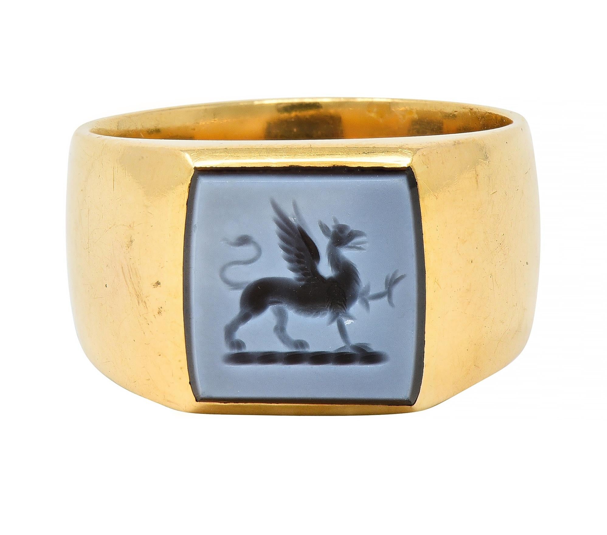 Victorian Hardstone Intaglio 18 Karat Yellow Gold Griffin Unisex Signet Ring