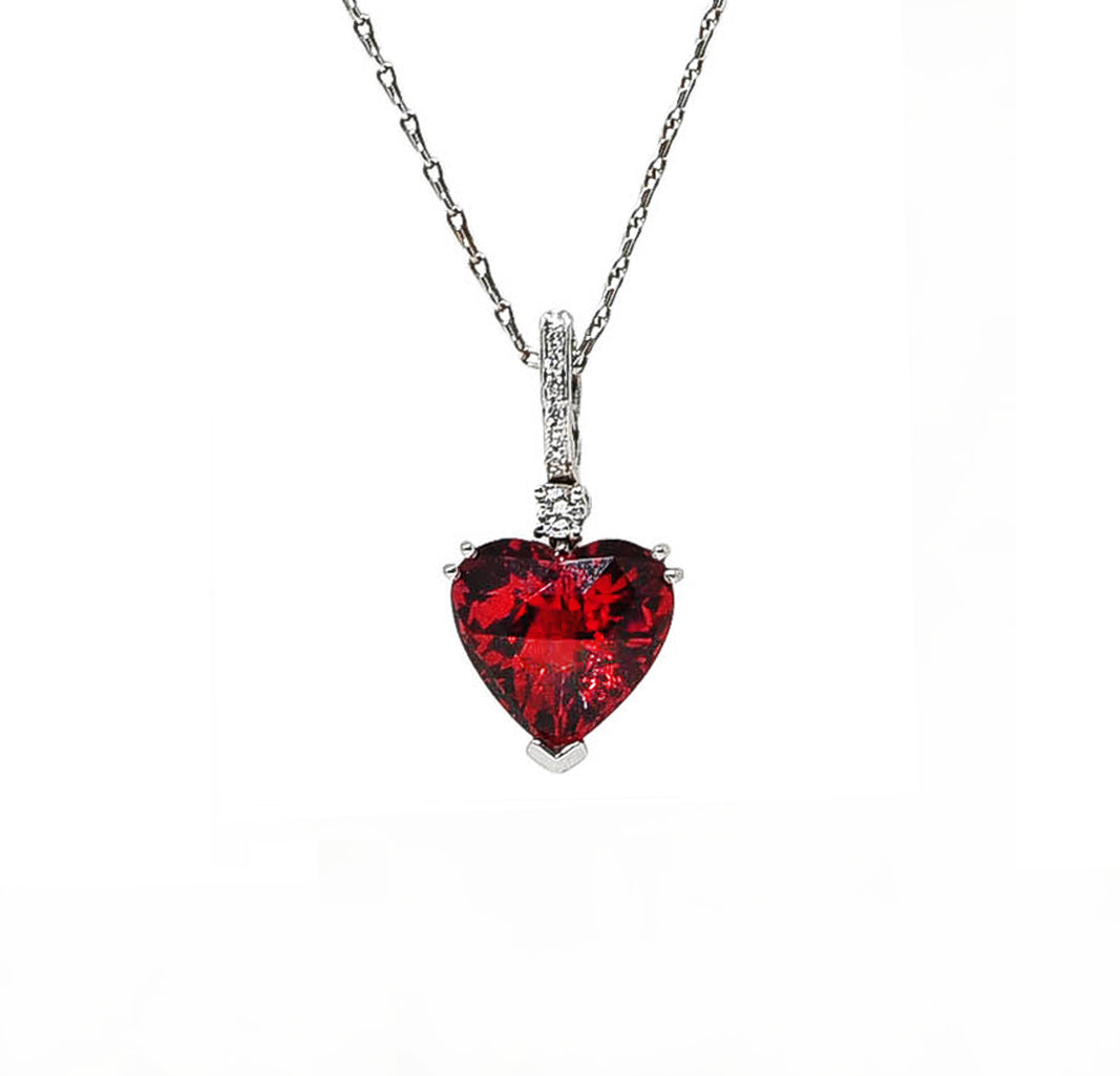 Kurt Wayne 1990's Diamond Rubellite Tourmaline 18 Karat White Gold Heart Enhancer Pendant Vintage Necklace Wilson's Estate Jewelry