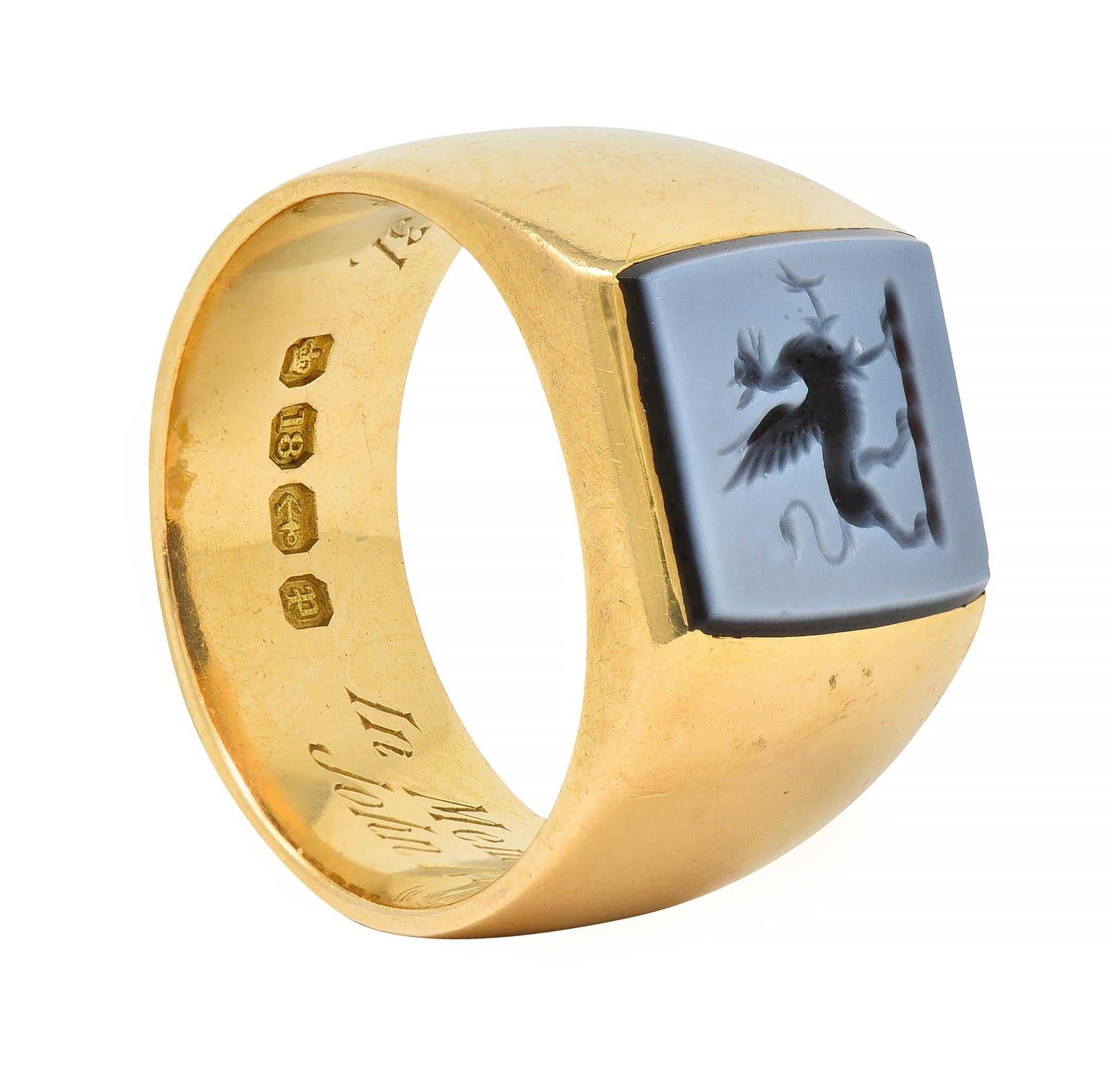 Victorian Hardstone Intaglio 18 Karat Yellow Gold Griffin Unisex Signet Ring