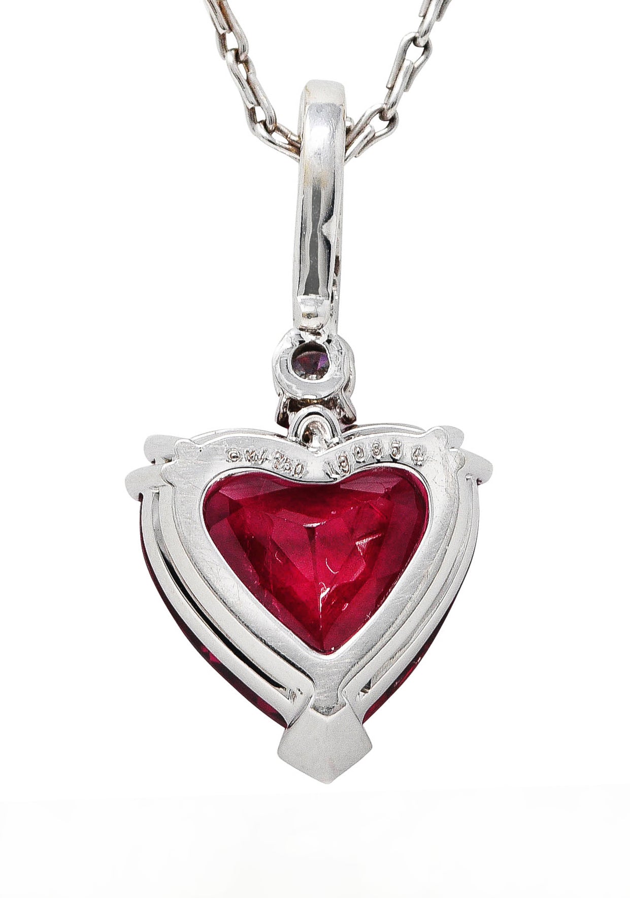 Kurt Wayne 1990's Diamond Rubellite Tourmaline 18 Karat White Gold Heart Enhancer Pendant Vintage Necklace Wilson's Estate Jewelry