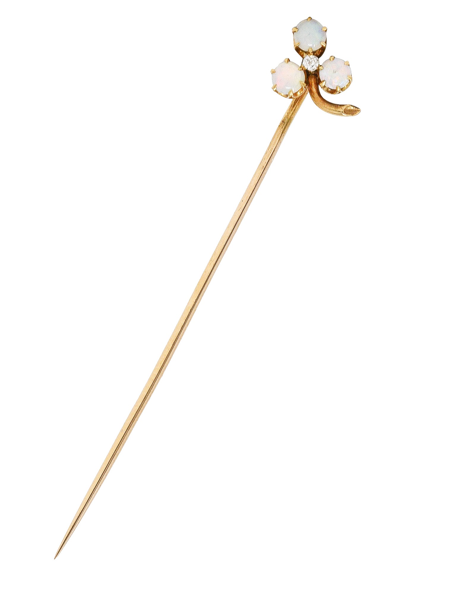 Victorian Diamond Opal 14 Karat Gold Clover Stickpin Wilson's Estate Jewelry