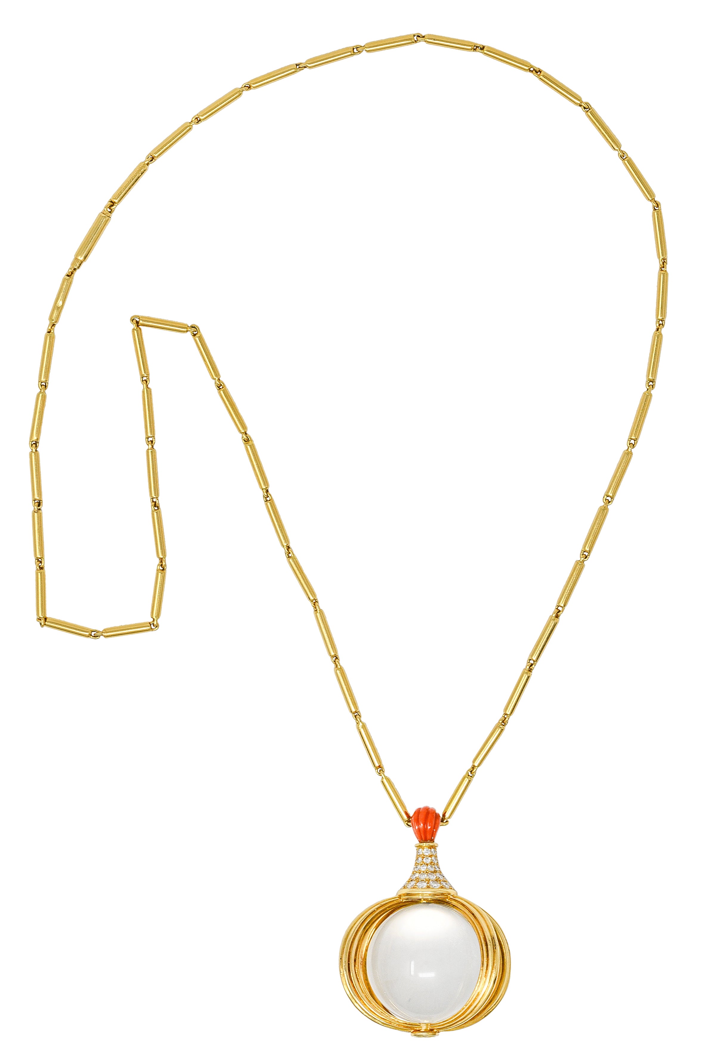 Van Cleef & Arpels Substantial French 1970's Diamond Coral Crystal Quartz Sphere 18 Karat Yellow Gold Vintage Pendant Necklace Georges L'Enfant Wilson's Estate Jewelry