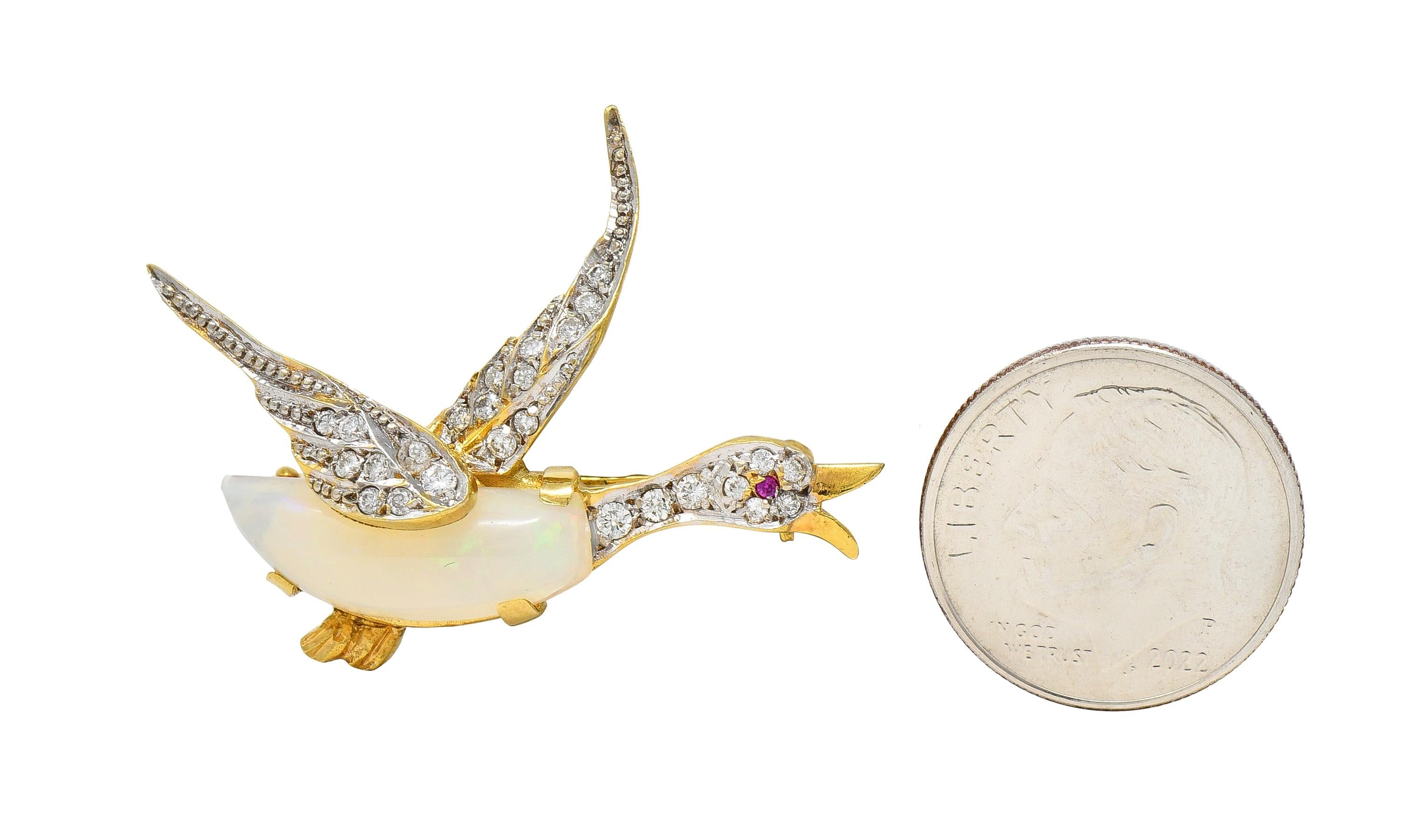 1960's Opal Diamond Ruby Platinum 18 Karat Gold Vintage Goose Bird Brooch