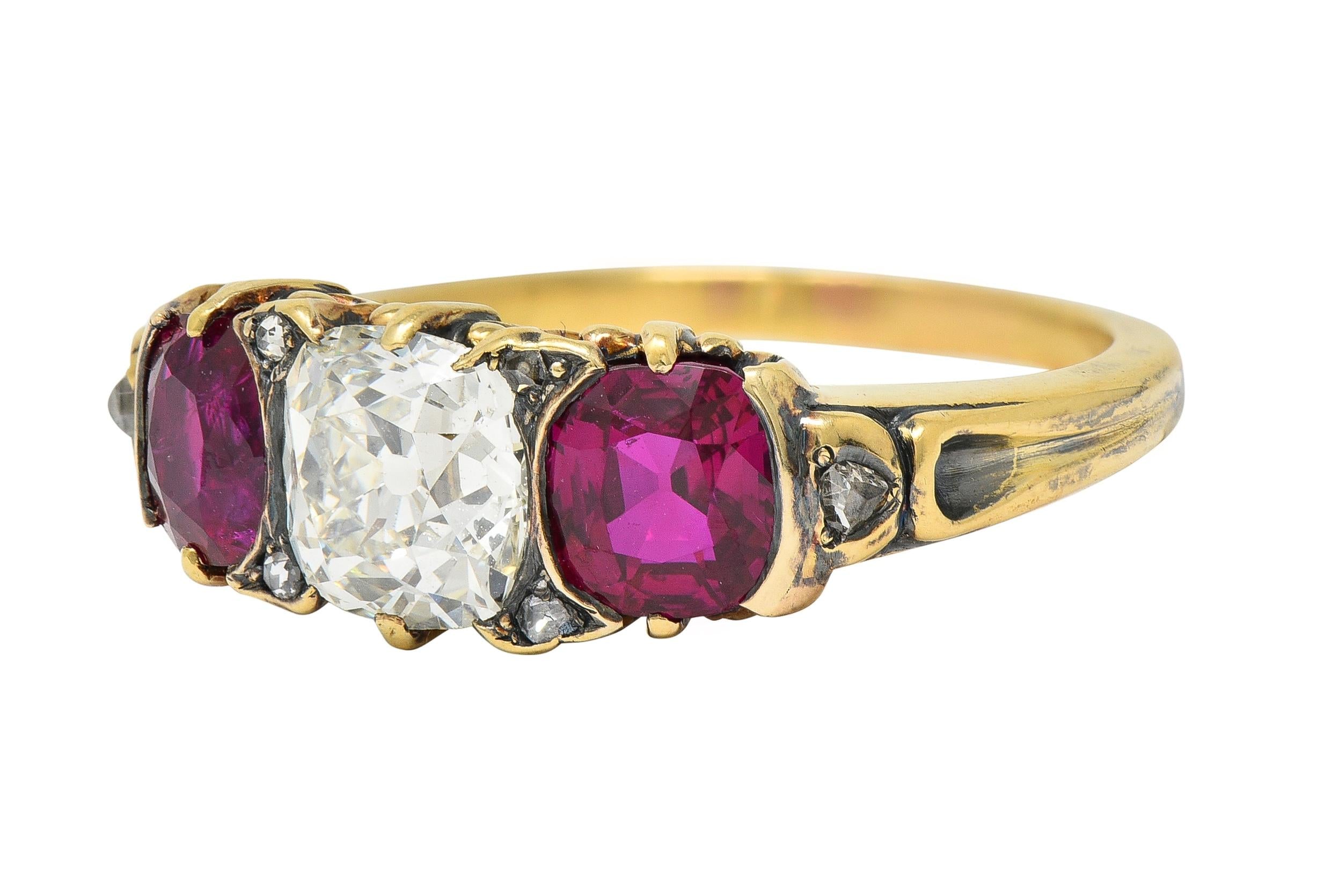 Victorian 3.40 CTW Diamond No Heat Burma Ruby 18 Karat Gold Three Stone Ring GIA