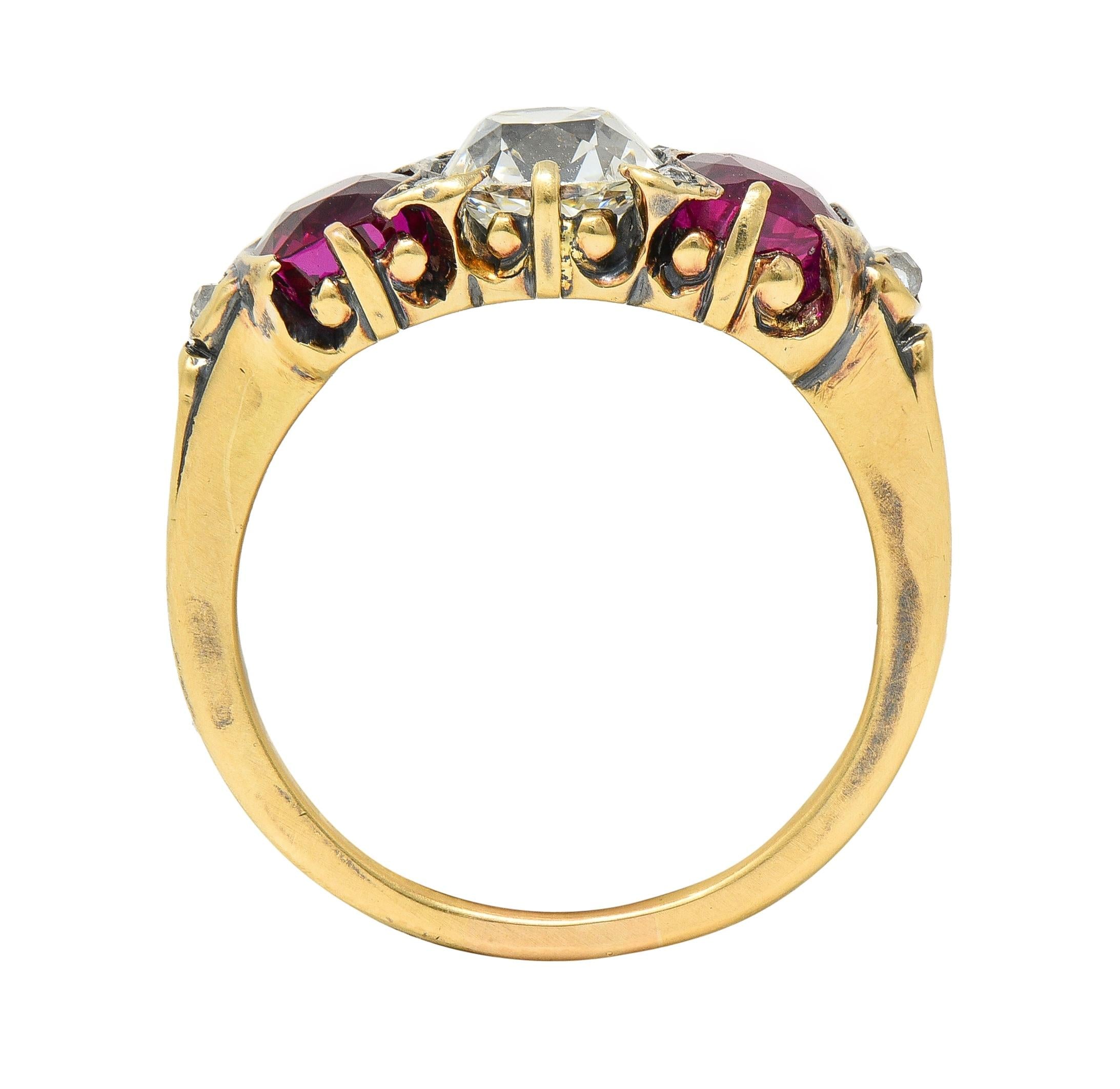 Victorian 3.40 CTW Diamond No Heat Burma Ruby 18 Karat Gold Three Stone Ring GIA