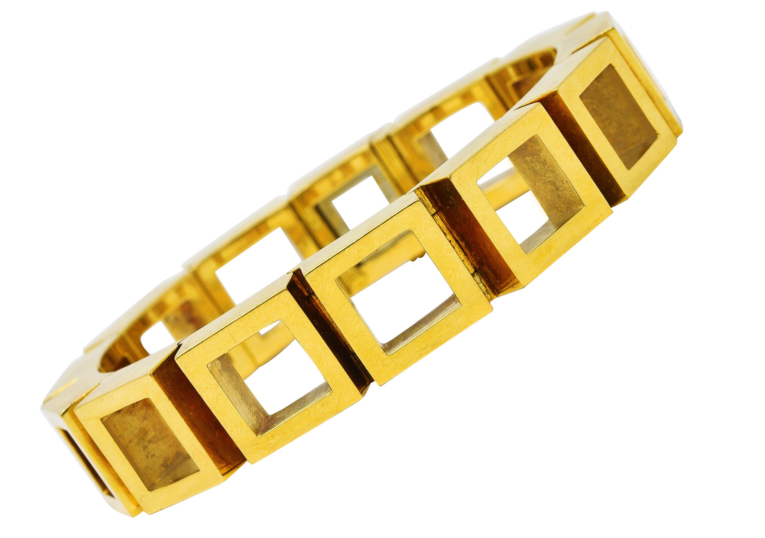 Carlo Weingrill Modernist Vintage 18 Karat Yellow Gold Square Sculptural Link Bracelet Wilson's Estate Jewelry