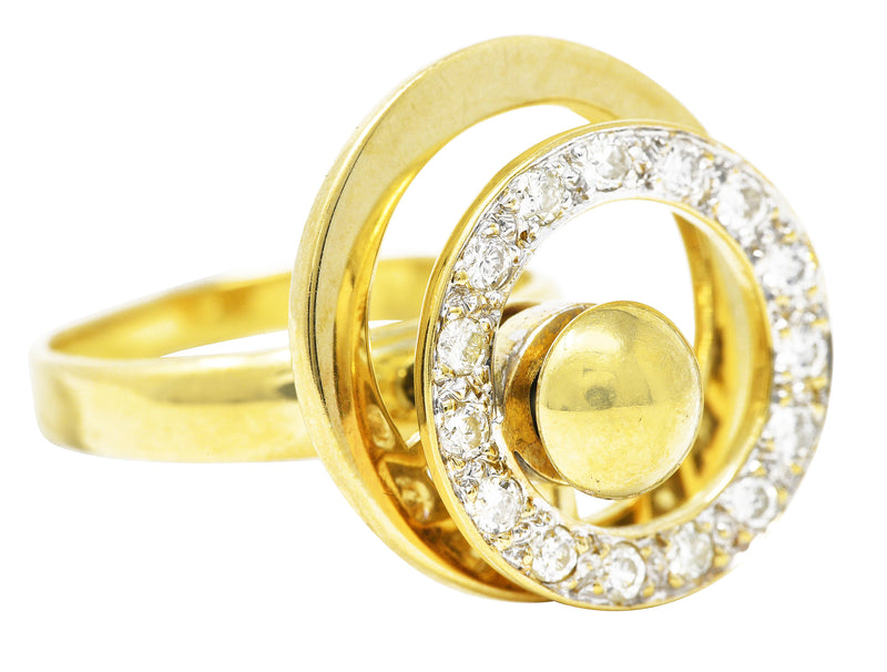 1960's Modernist 0.45 CTW Diamond 14 Karat Yellow Gold Fidget Spinner Ring