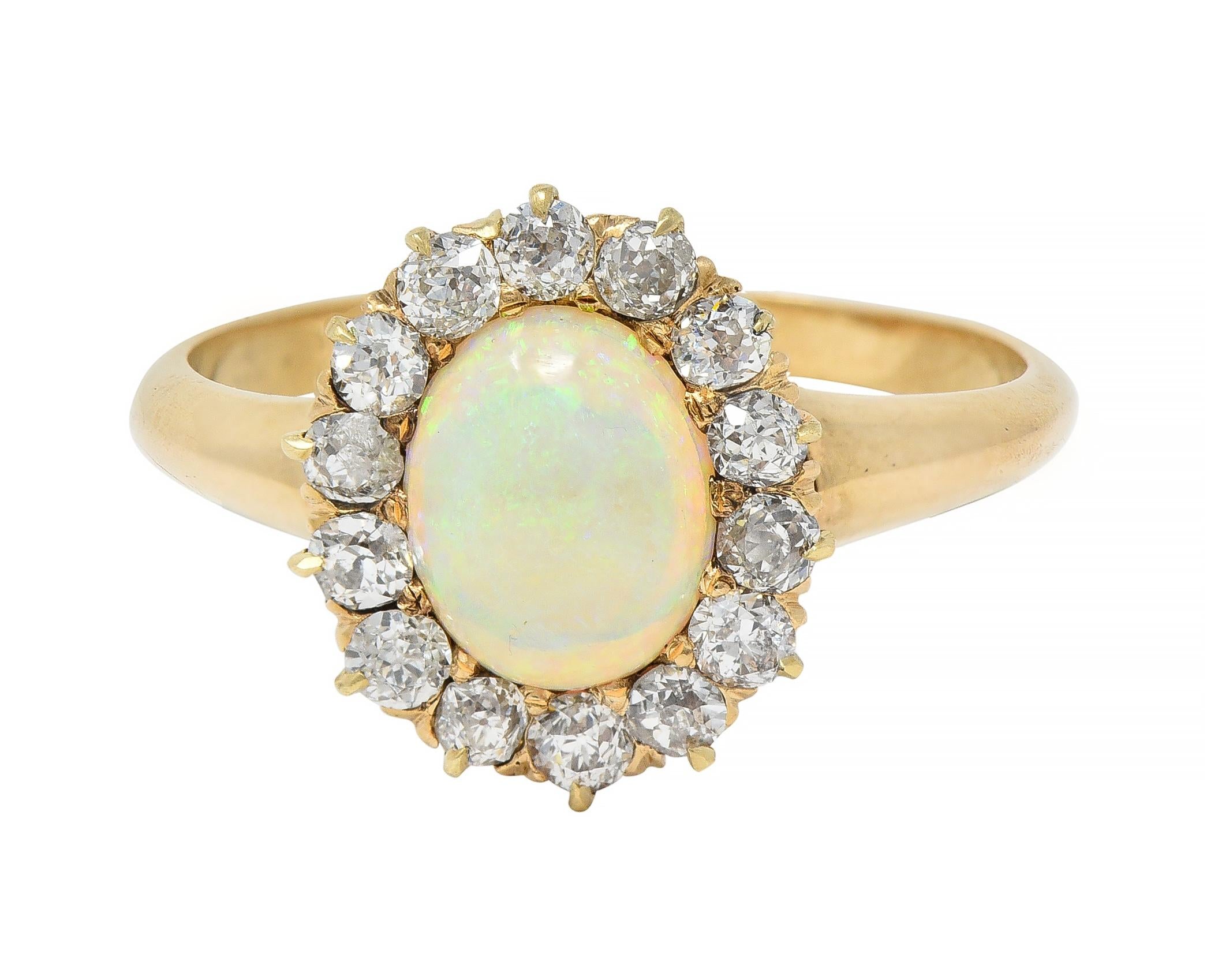 Victorian Old Mine Diamond Opal Cabochon 14 Karat Gold Antique Cluster Ring