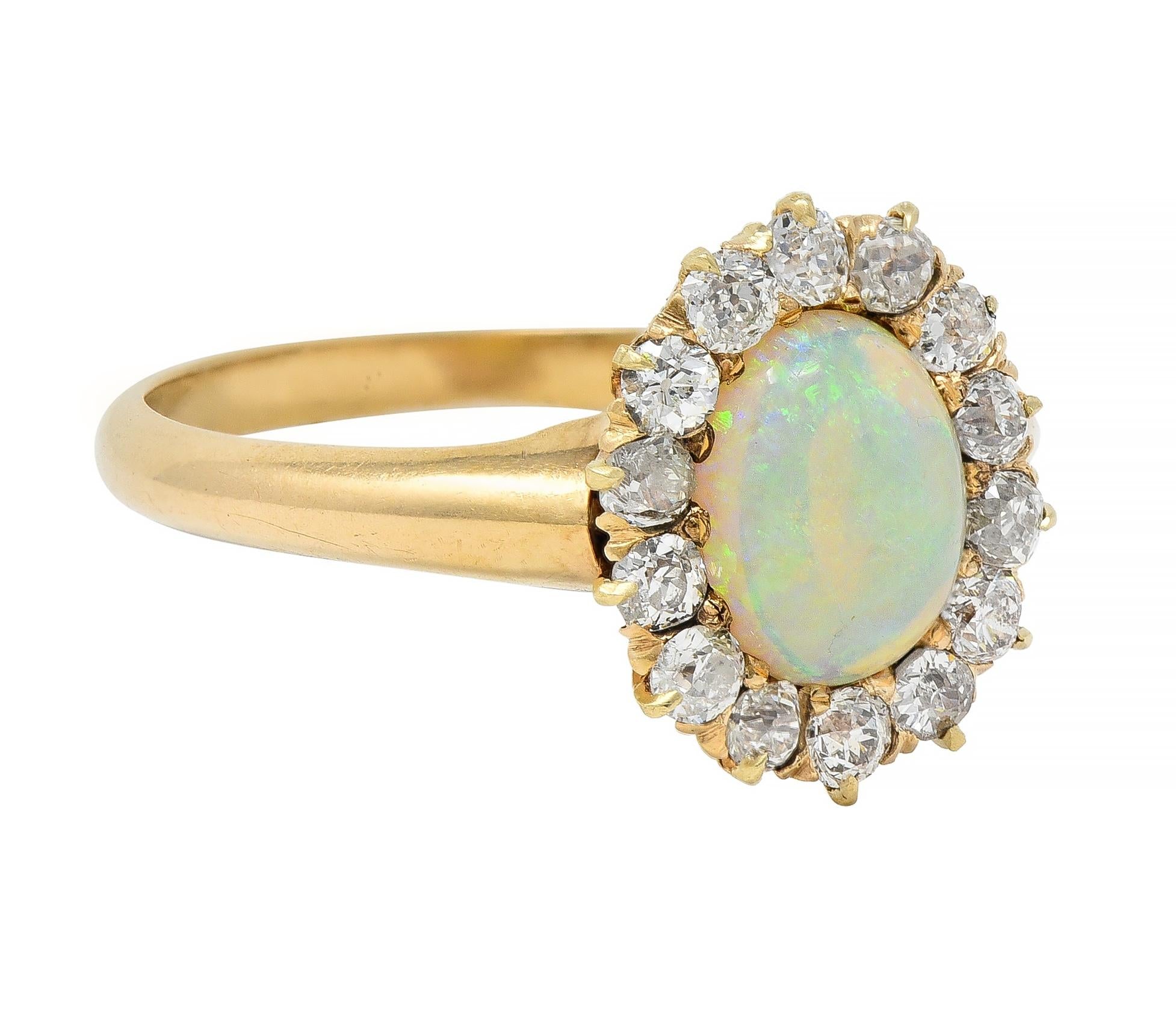 Victorian Old Mine Diamond Opal Cabochon 14 Karat Gold Antique Cluster Ring