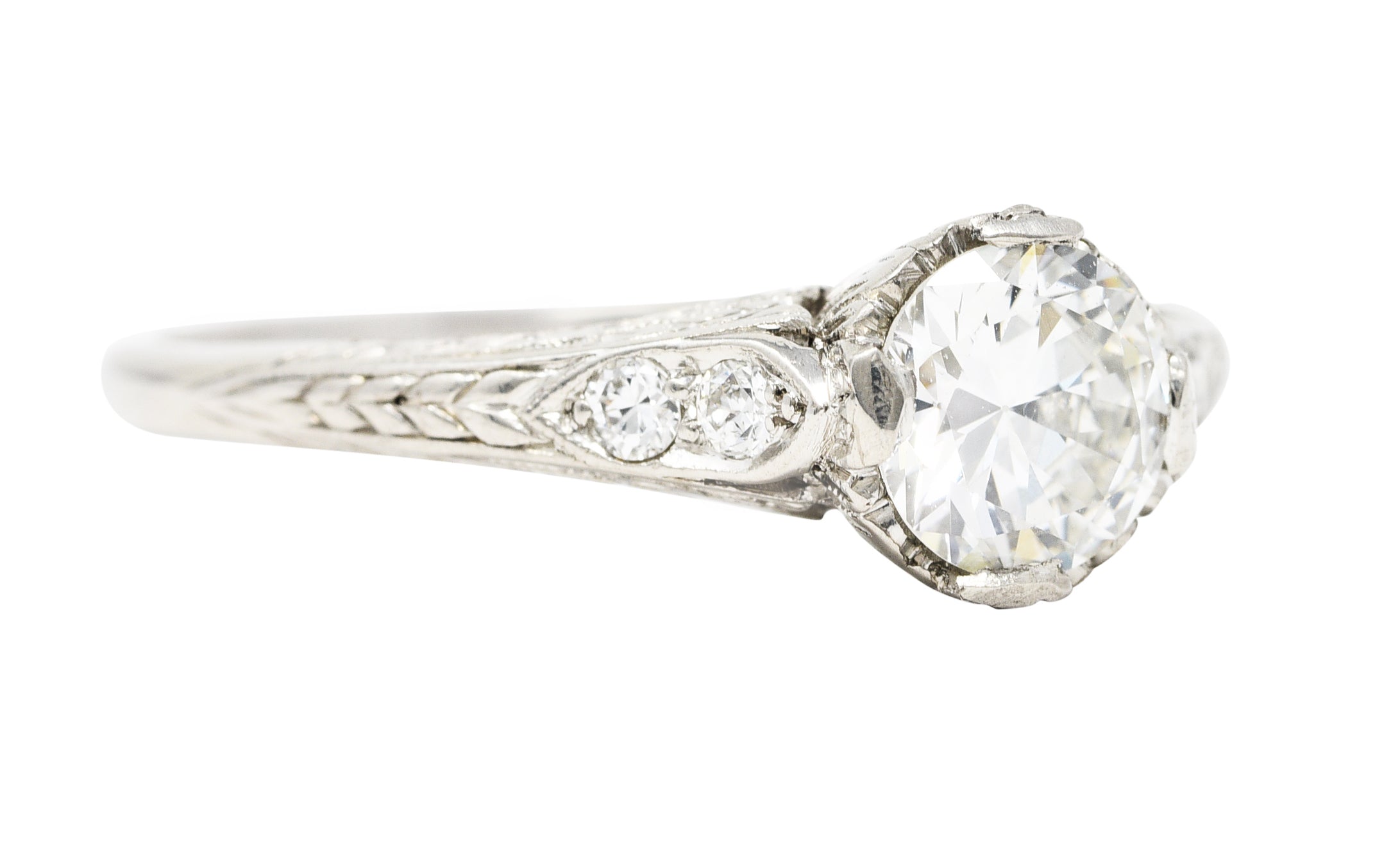 Art Deco 0.88 CTW Old European Cut Diamond Platinum Tulip Wheat Engagement Ring GIA Wilson's Estate Jewelry