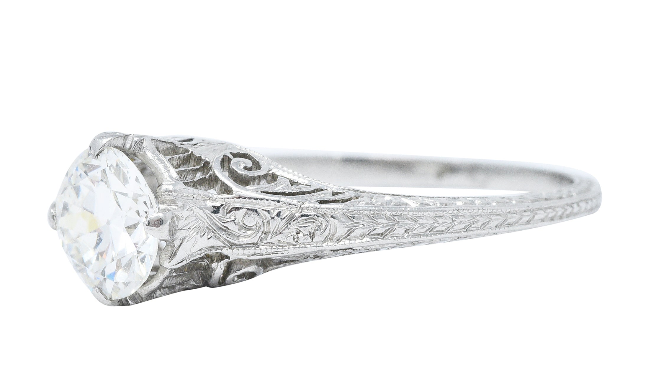 Edwardian 0.77 CTW Diamond Platinum Scrolled Foliate Engagement RingRing - Wilson's Estate Jewelry