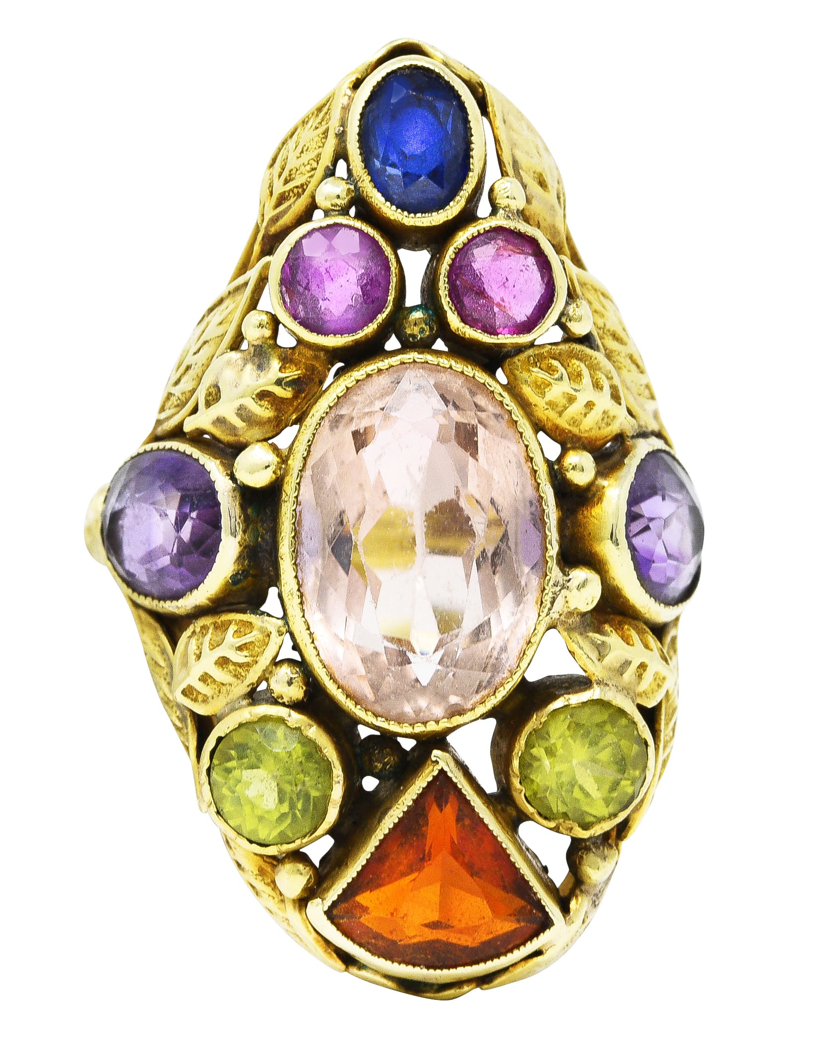 Arts & Crafts Antique Topaz Sapphire Peridot Ruby Multi-Gem 14 Karat Gold Floral Ring Wilson's Estate Jewelry