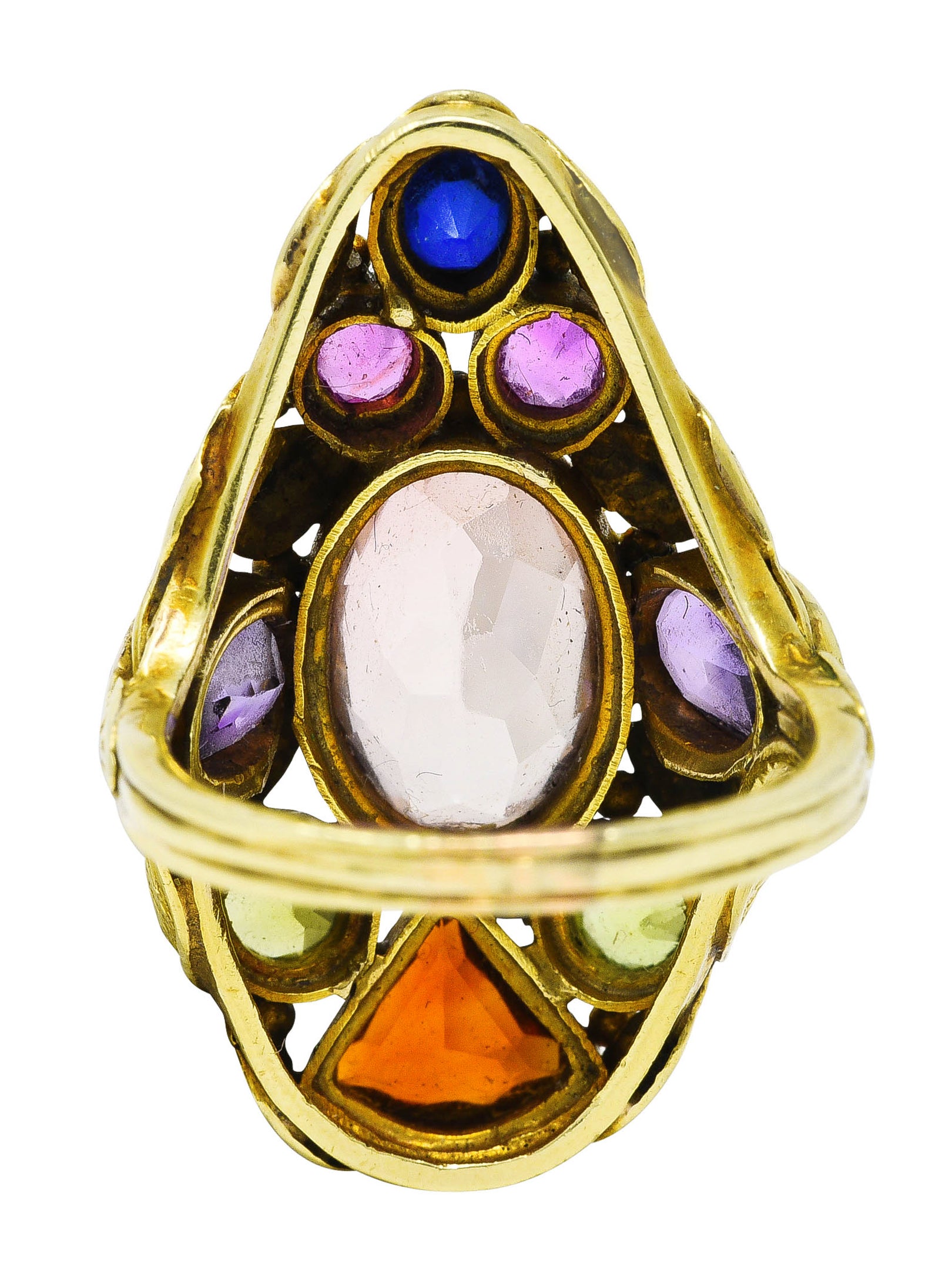 Arts & Crafts Antique Topaz Sapphire Peridot Ruby Multi-Gem 14 Karat Gold Floral Ring Wilson's Estate Jewelry