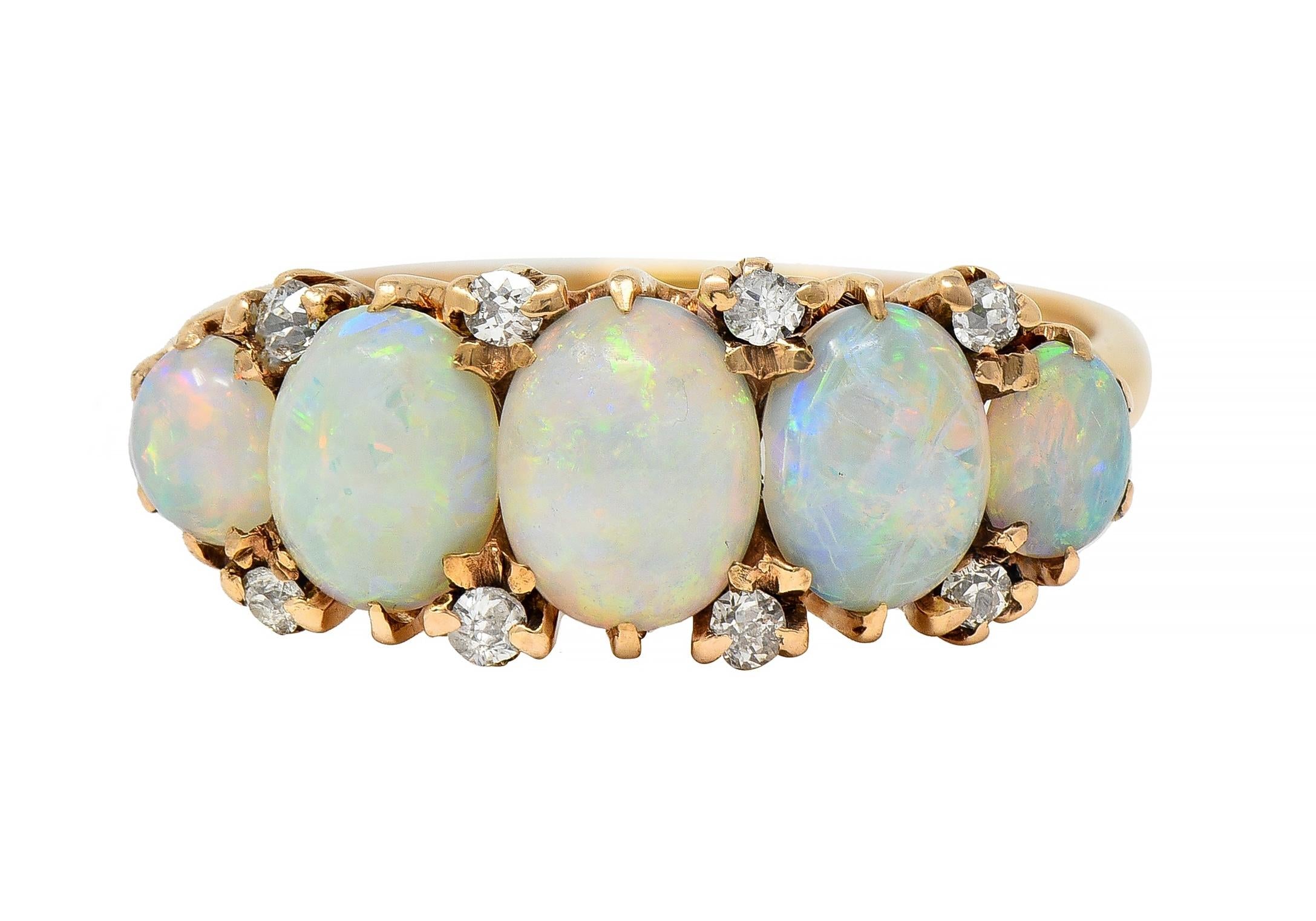 Victorian Opal Diamond 14 Karat Yellow Gold Antique Five Stone Band Ring