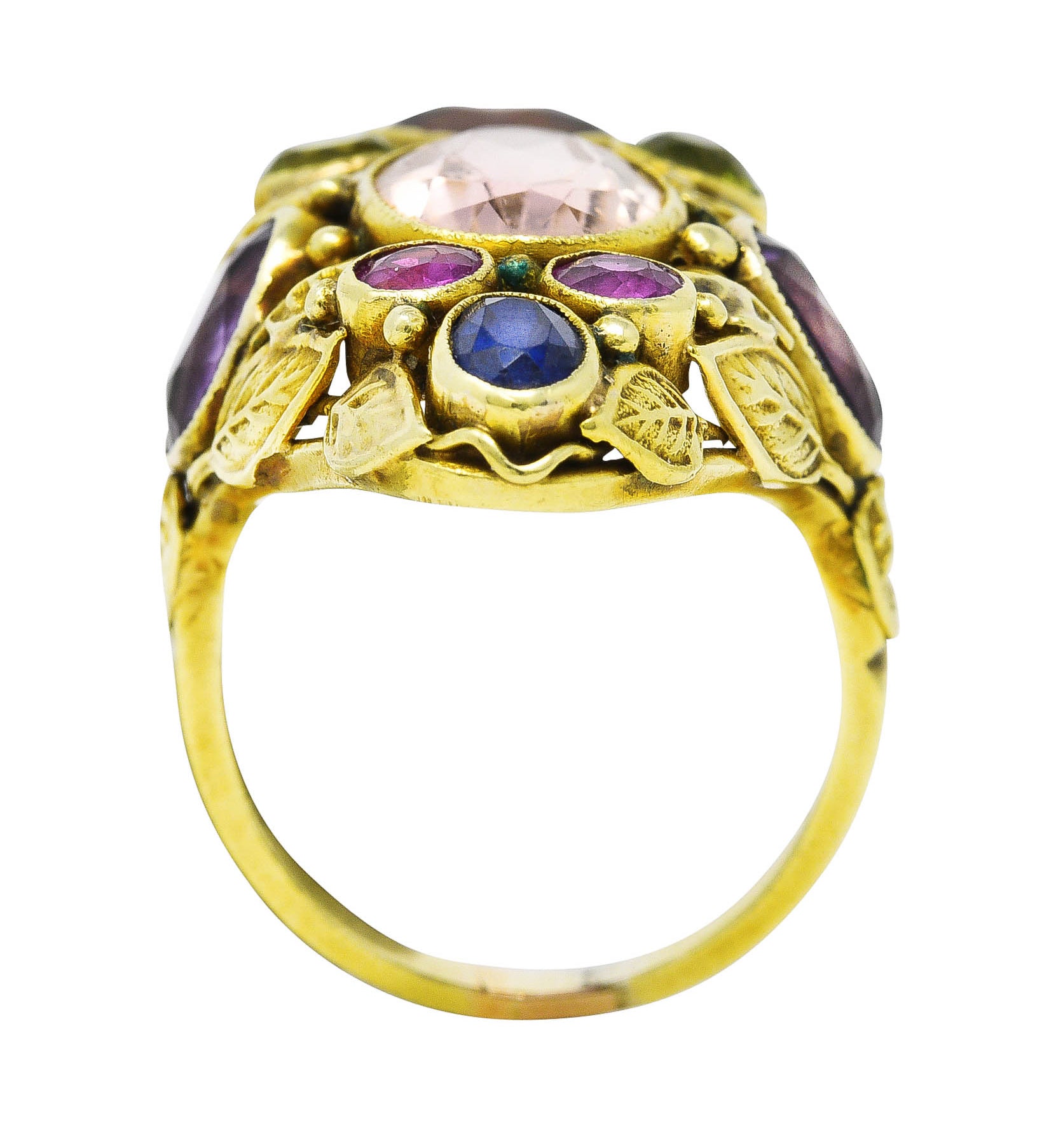 Arts & Crafts Antique Topaz Sapphire Peridot Ruby Multi-Gem 14 Karat Gold Floral Ring Wilson's Estate Jewelry